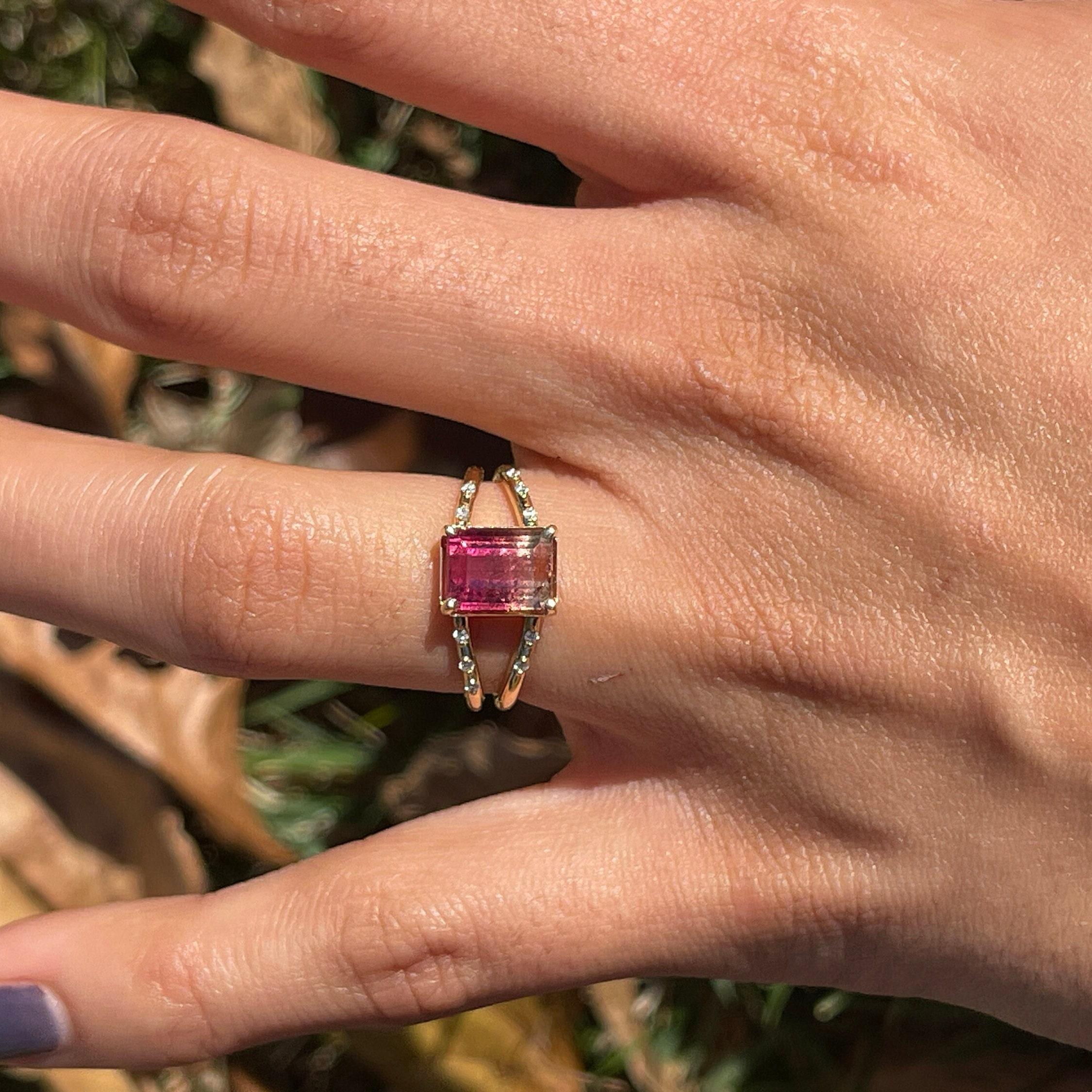 2ct Bicolor Tourmaline Ring w Earth Mined Diamonds in Solid 14K Gold EM 9x6mm 1