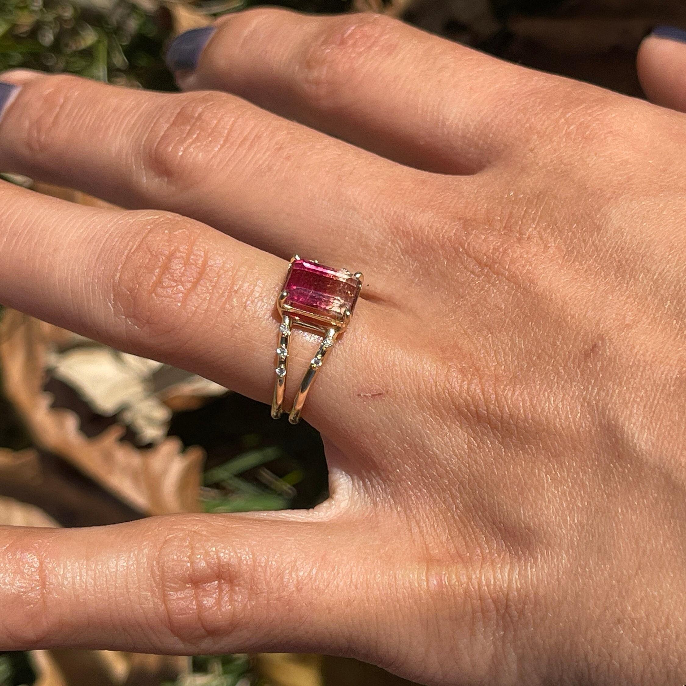 2ct Bicolor Tourmaline Ring w Earth Mined Diamonds in Solid 14K Gold EM 9x6mm 2