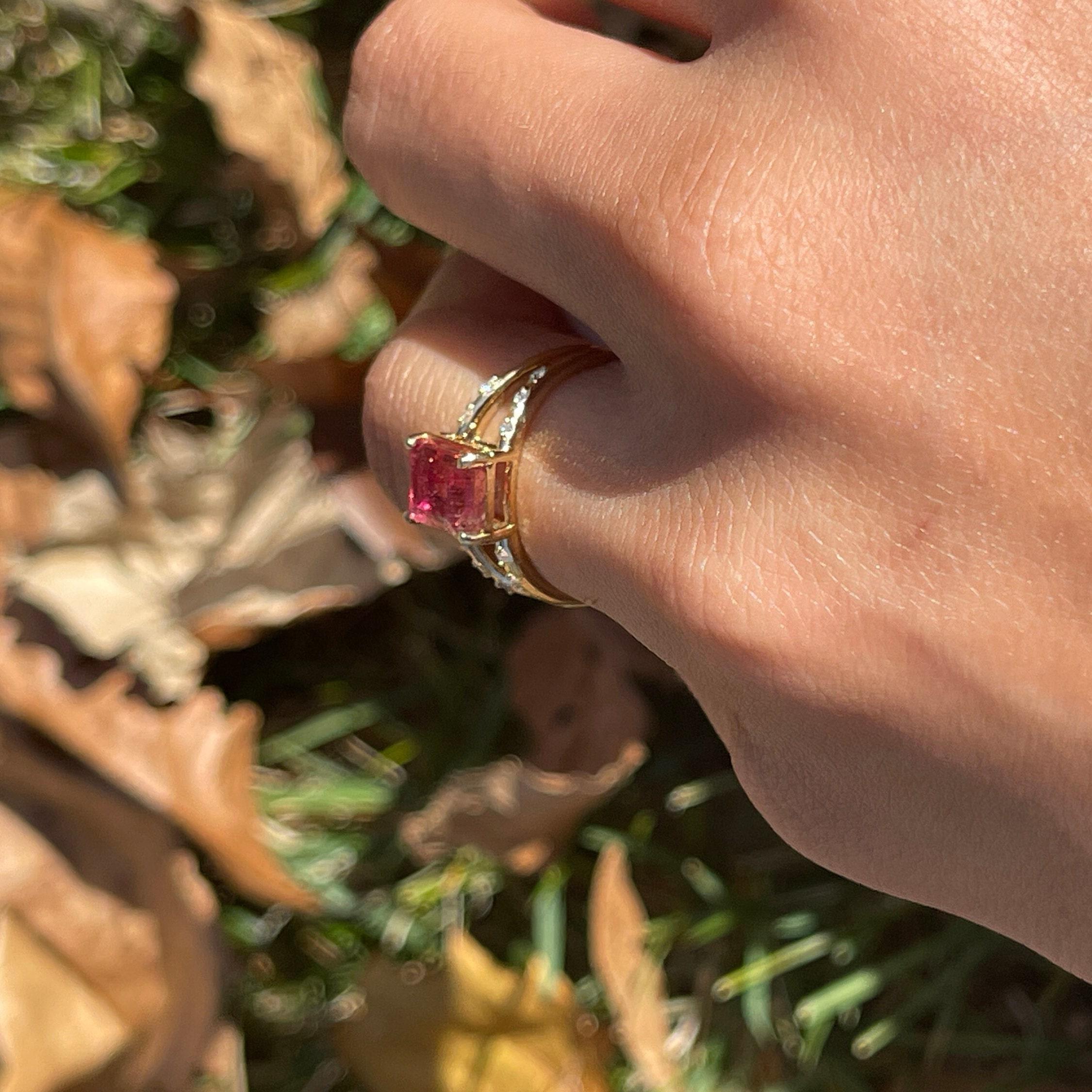 2ct Bicolor Tourmaline Ring w Earth Mined Diamonds in Solid 14K Gold EM 9x6mm 3