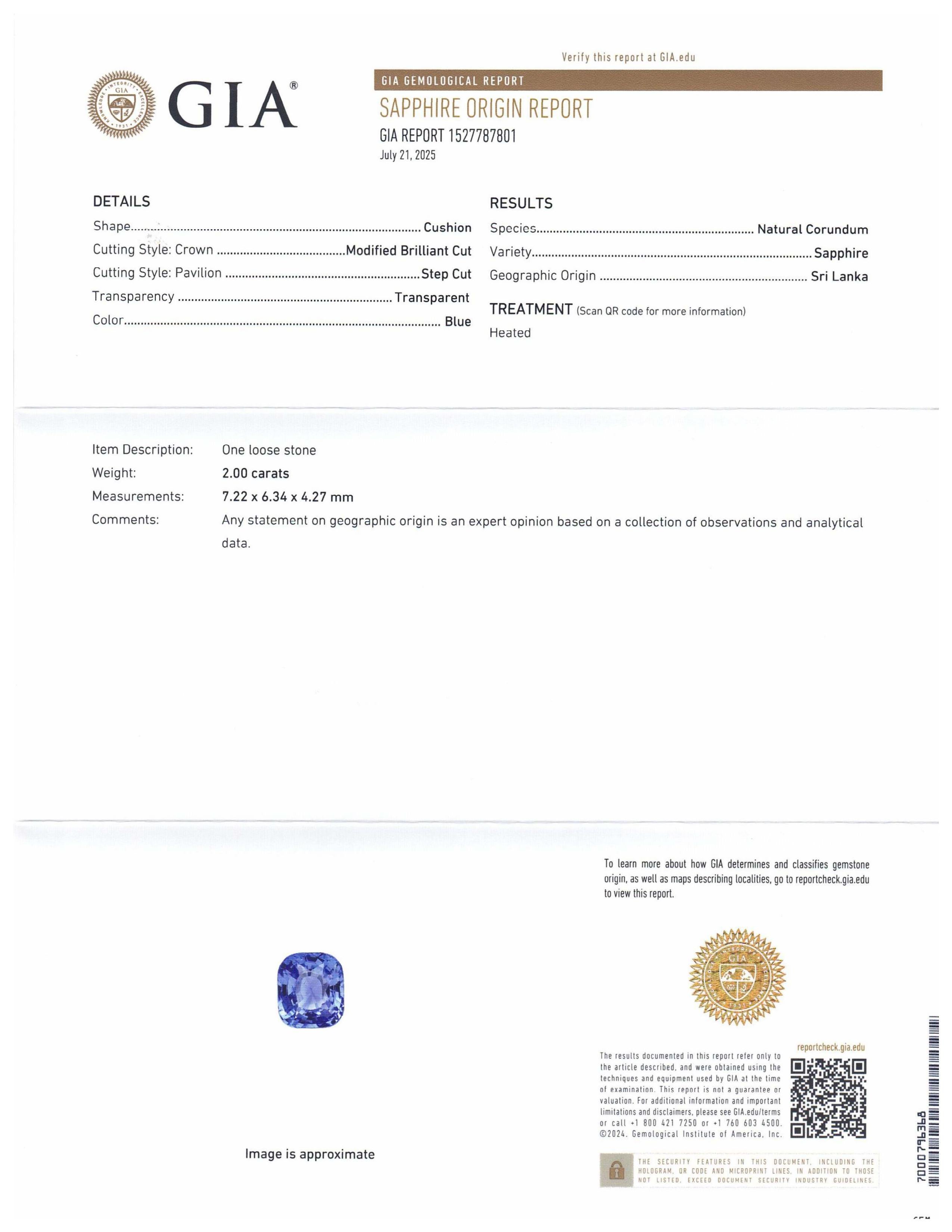 Si tratta di uno splendido zaffiro certificato GIA 


Il rapporto GIA recita come segue:

Numero del rapporto GIA: 1527787801
Forma: Cuscino
Stile di taglio: 
Stile di taglio: Corona: Taglio brillante modificato
Stile di taglio: Padiglione: Taglio a