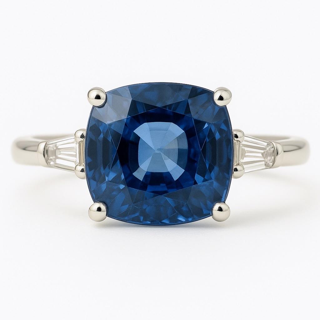 Cushion Cut 2ct Cushion Natural Blue Sapphire Ring in Platinum Sterling Silver For Sale