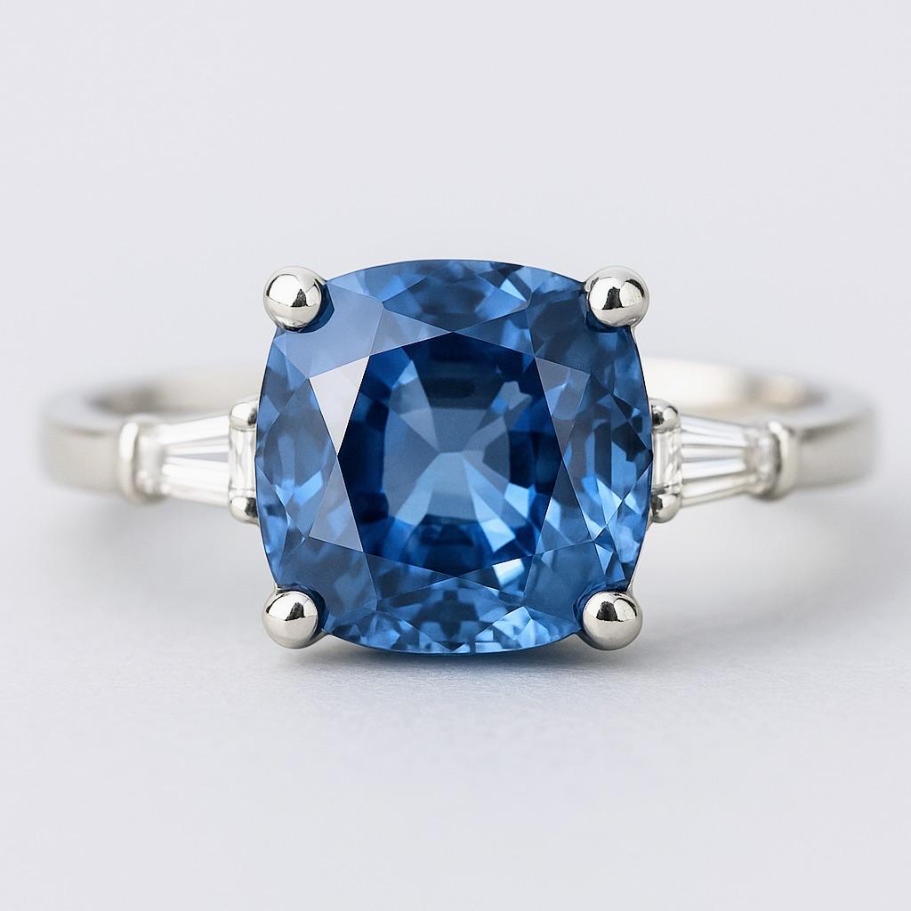 2ct Cushion Natural Blue Sapphire Ring in Platinum Sterling Silver For Sale 2