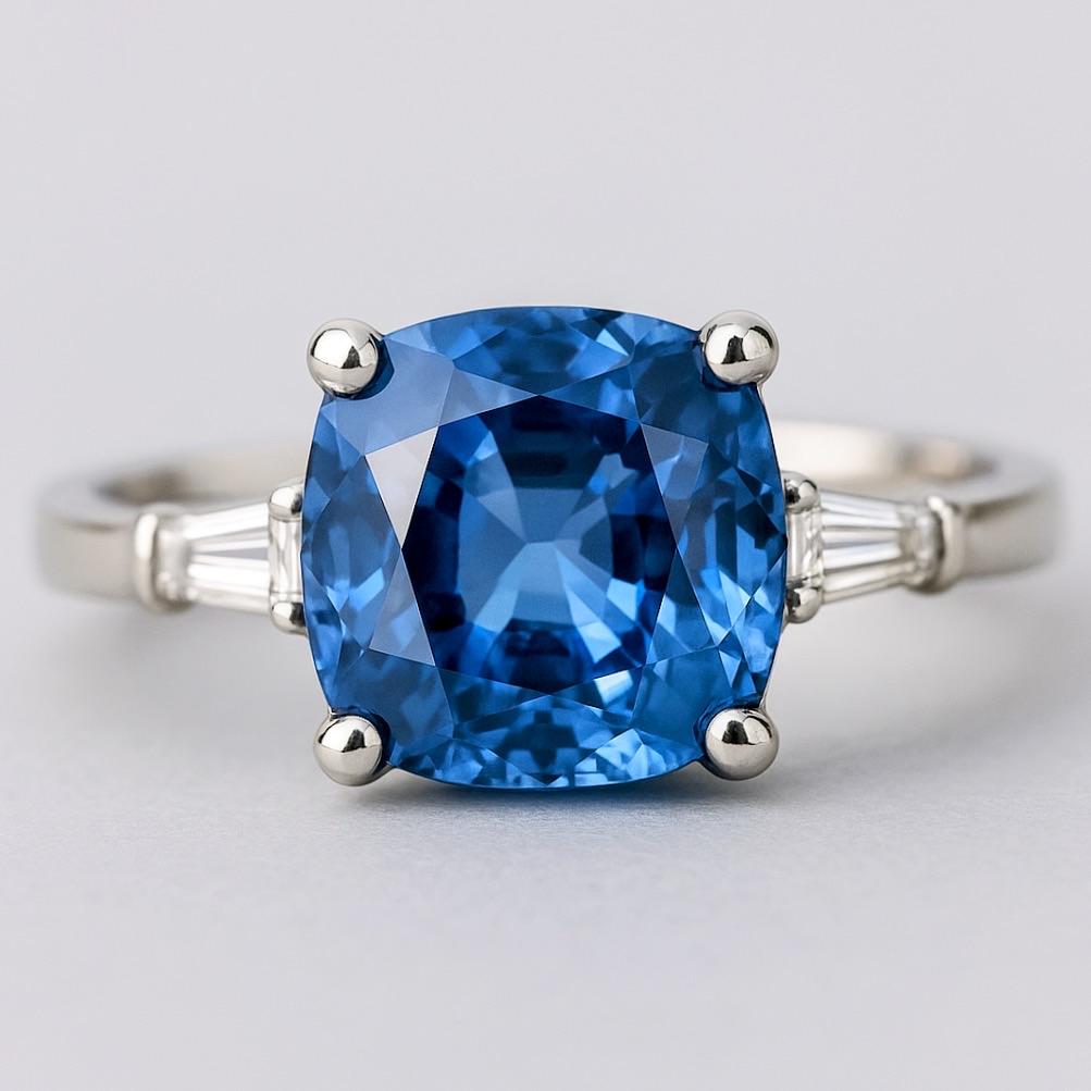 2ct Cushion Natural Blue Sapphire Ring in Platinum Sterling Silver For Sale 4