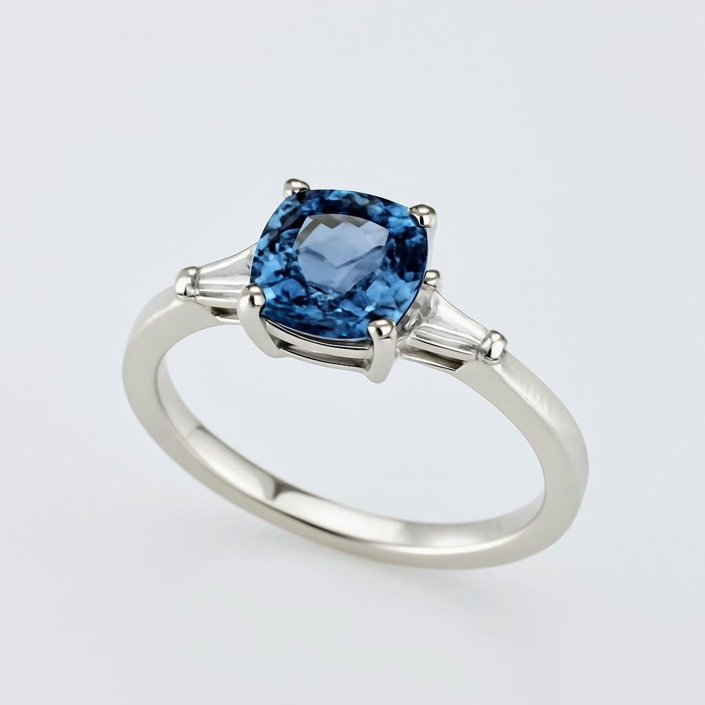 2ct Cushion Natural Blue Sapphire Ring in Platinum Sterling Silver For Sale 3