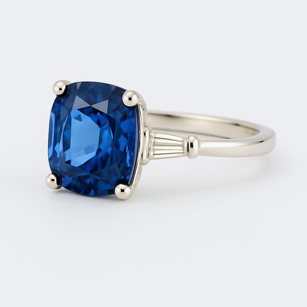 2ct Cushion Natural Blue Sapphire Ring in Platinum Sterling Silver For Sale