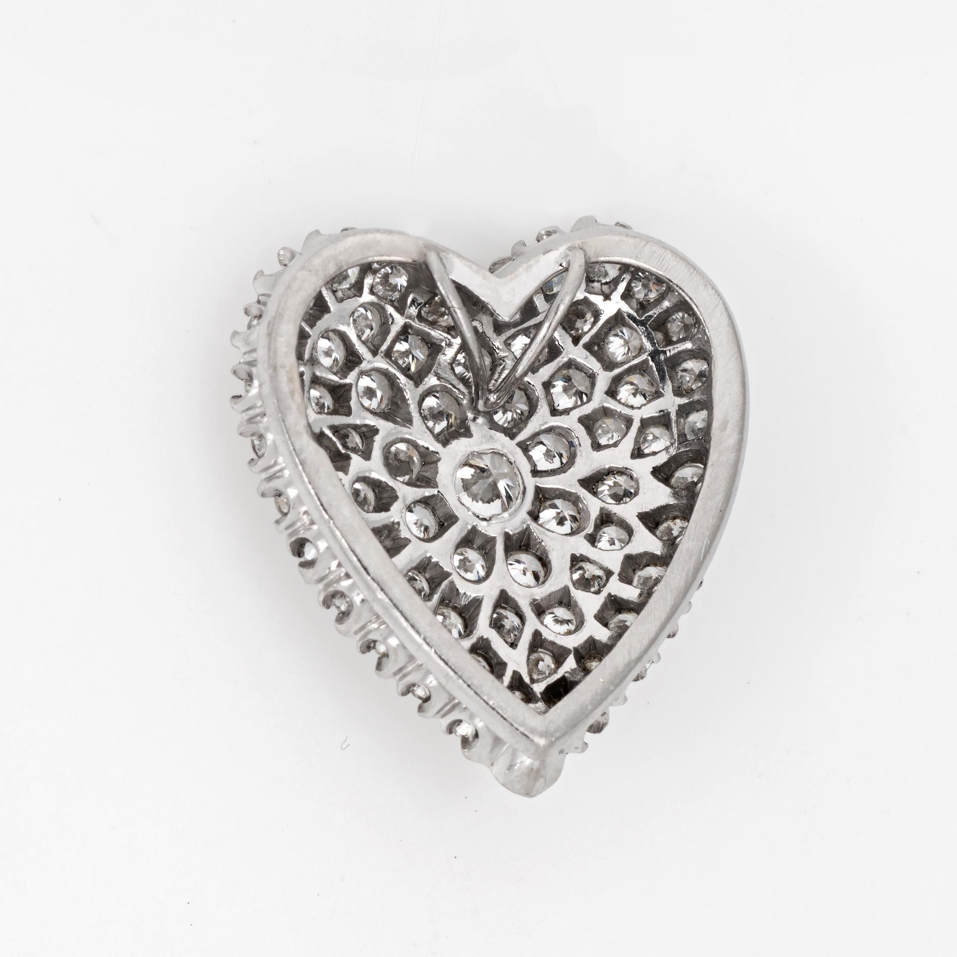 Modern 2ct Diamond Heart Pendant Vintage Platinum Pave Set Estate Mid Century Jewelry For Sale