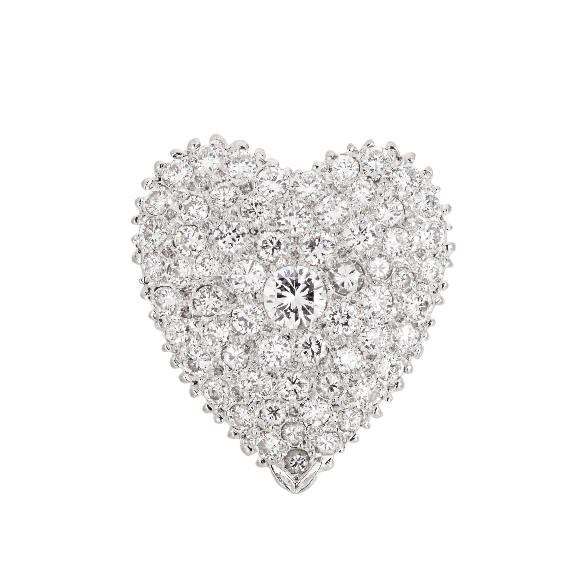 Round Cut 2ct Diamond Heart Pendant Vintage Platinum Pave Set Estate Mid Century Jewelry For Sale