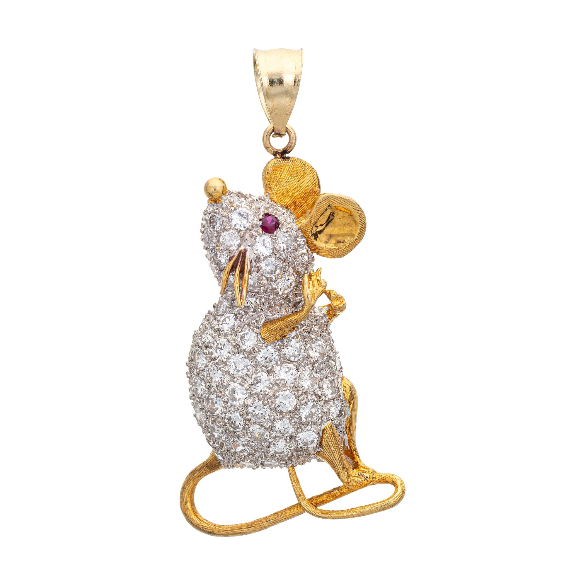 2ct Diamond Mouse Pendant Vintage 18k Yellow Gold Estate Fine Animal Jewelry For Sale