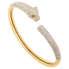2CT Diamond Panther Head Open Cuff Bangle Bracelet with Tsavorite Eyes 18K Gold