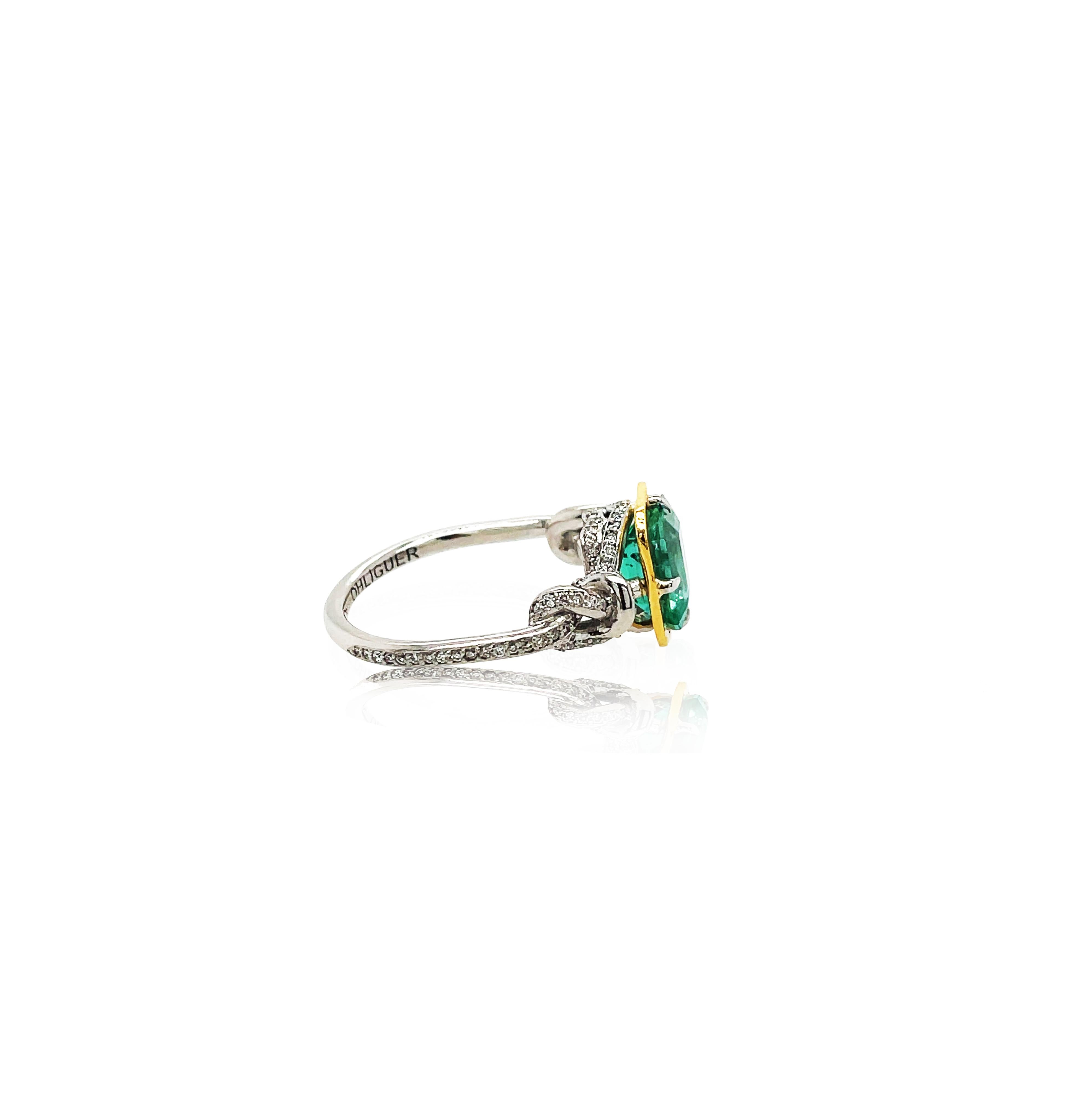 Bague Forget Me Knot en platine et or 22k avec émeraude et diamant de 2ct Neuf - En vente à Brisbane, AU