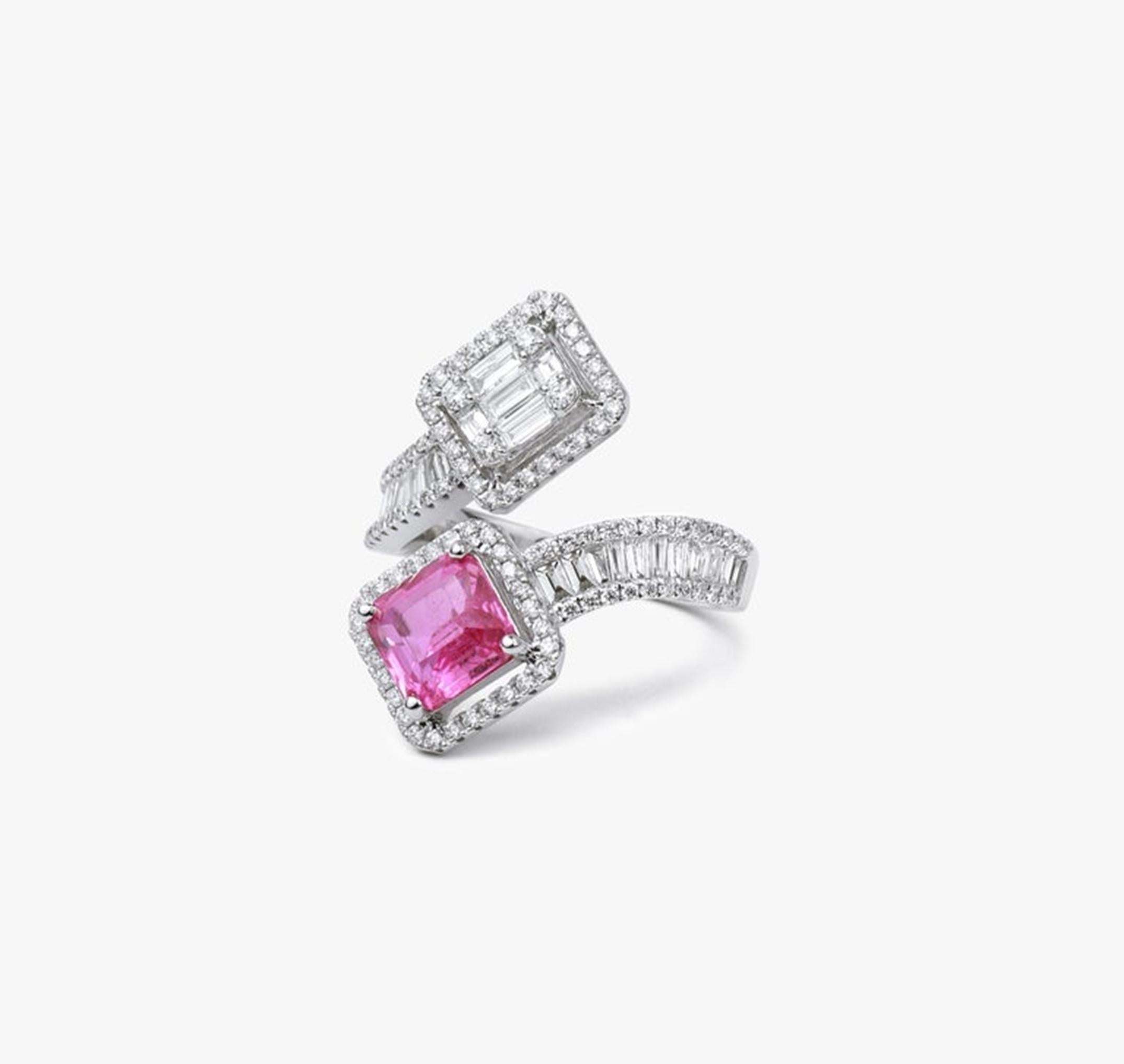 Art Deco 2ct Emerald-Cut Pink Sapphire & Diamond Halo Engagement Ring in 18K White Gold For Sale