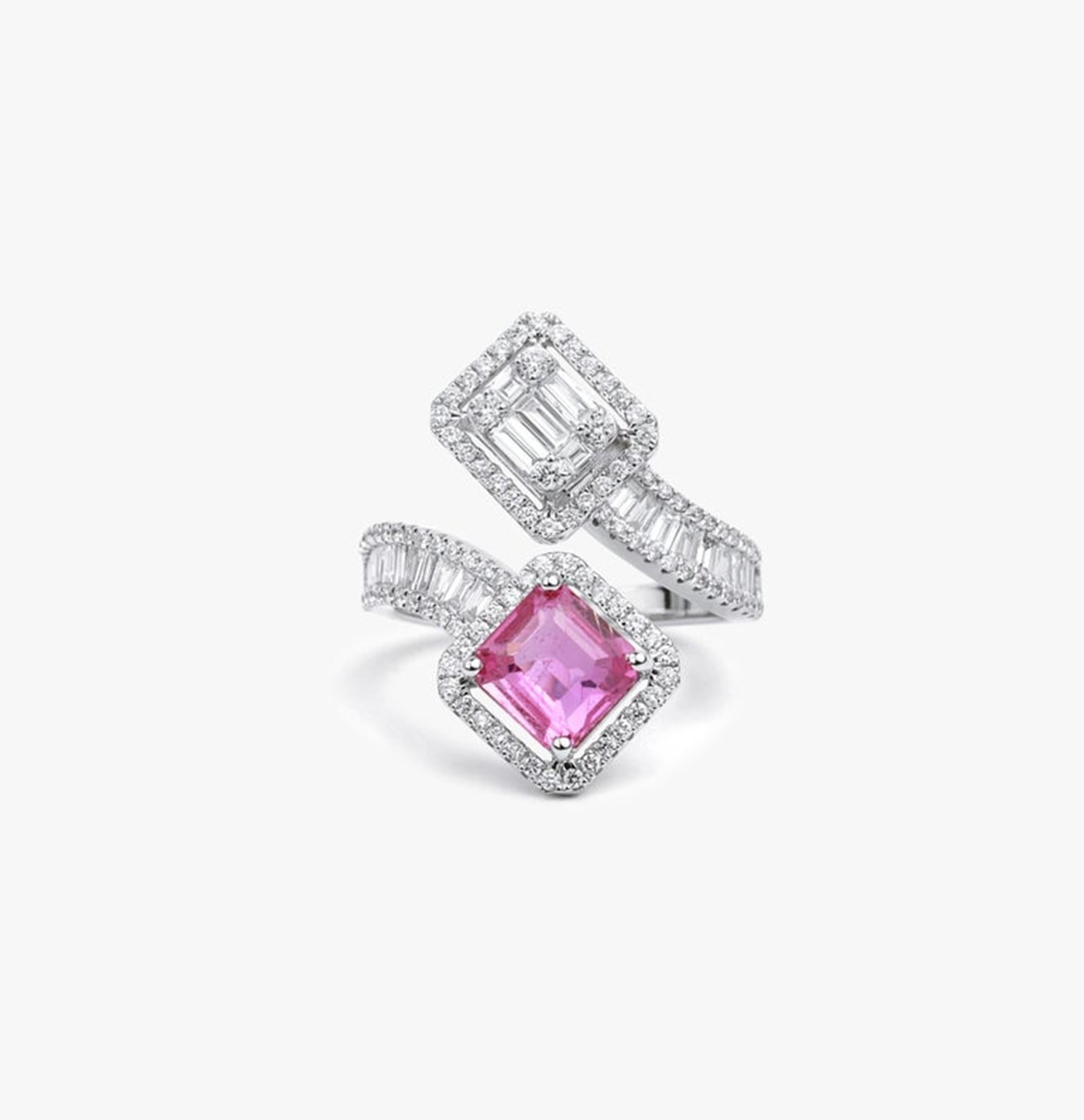 Emerald Cut 2ct Emerald-Cut Pink Sapphire & Diamond Halo Engagement Ring in 18K White Gold For Sale
