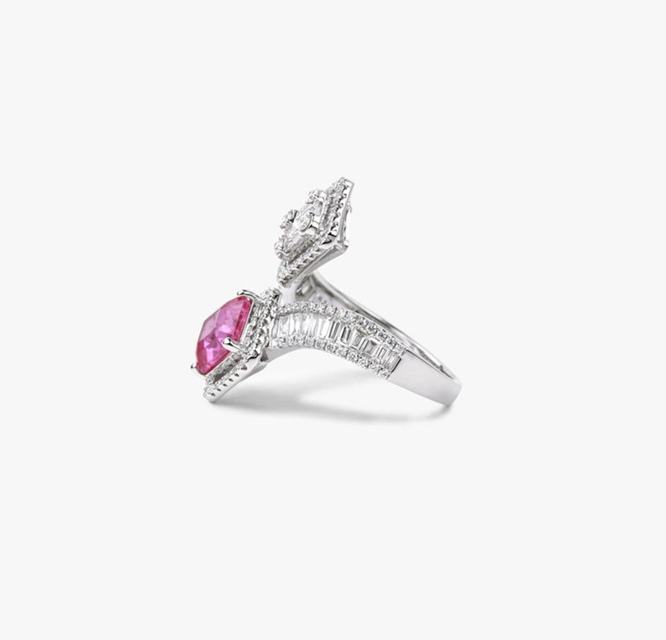 2ct Emerald-Cut Pink Sapphire & Diamond Halo Engagement Ring in 18K White Gold In New Condition For Sale In Jaipur, RJ