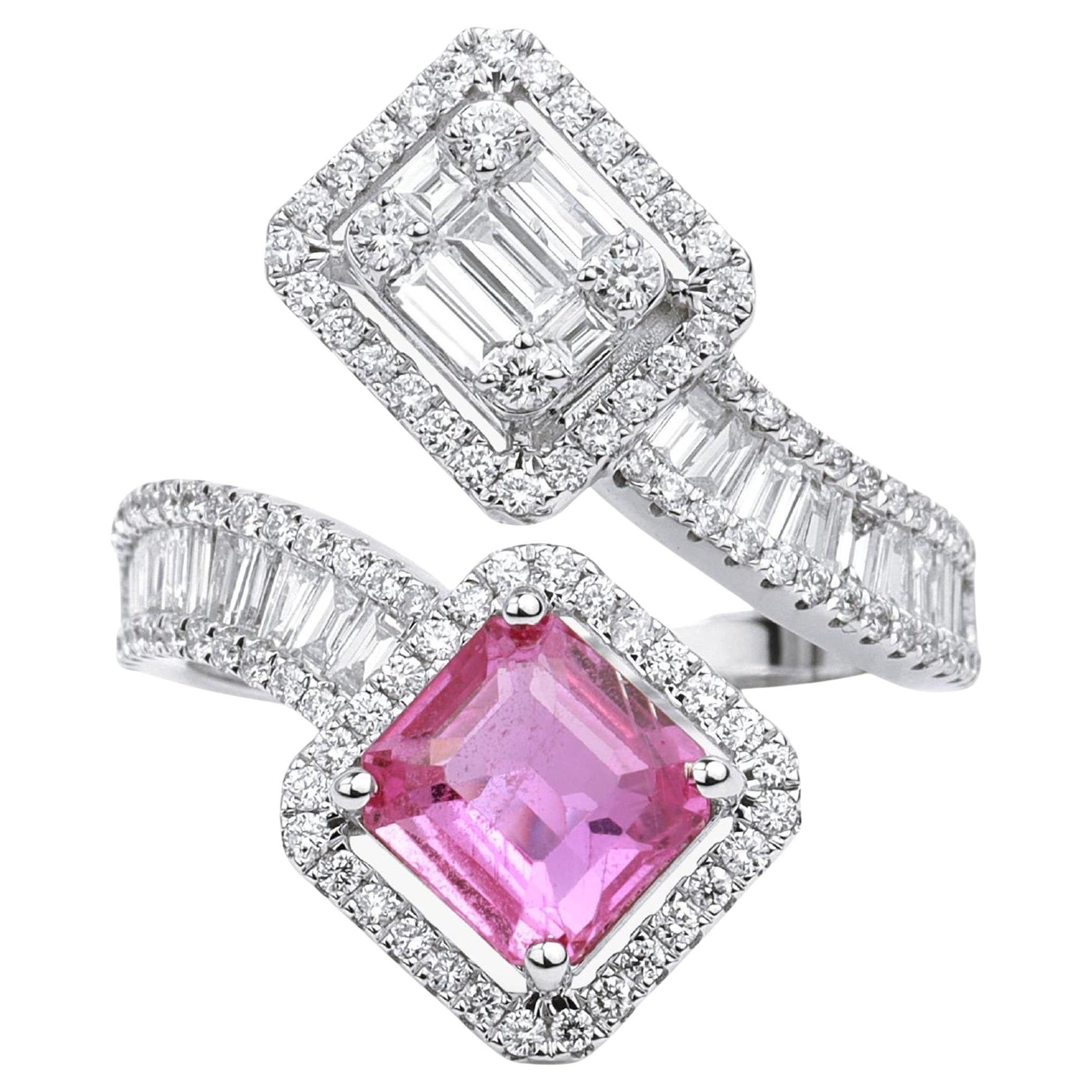 2ct Emerald-Cut Pink Sapphire & Diamond Halo Engagement Ring in 18K White Gold