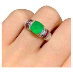 2CT Emerald Ring 18K Gold with Ruby Bezel & 0.20CT Diamond Band