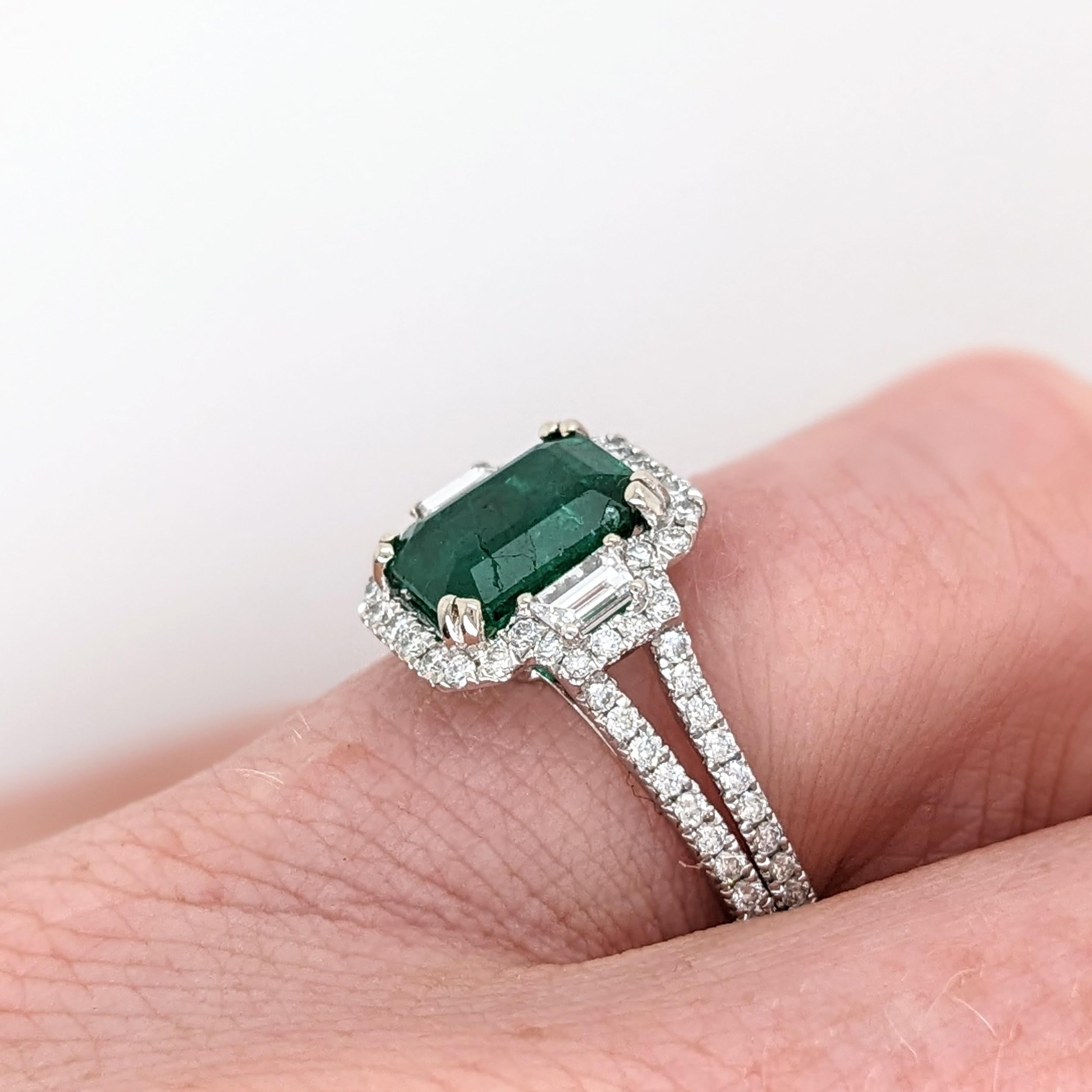 Modern 2ct Emerald Ring w Earth Mined Diamonds in Solid 14K White Gold EM 9x7mm For Sale