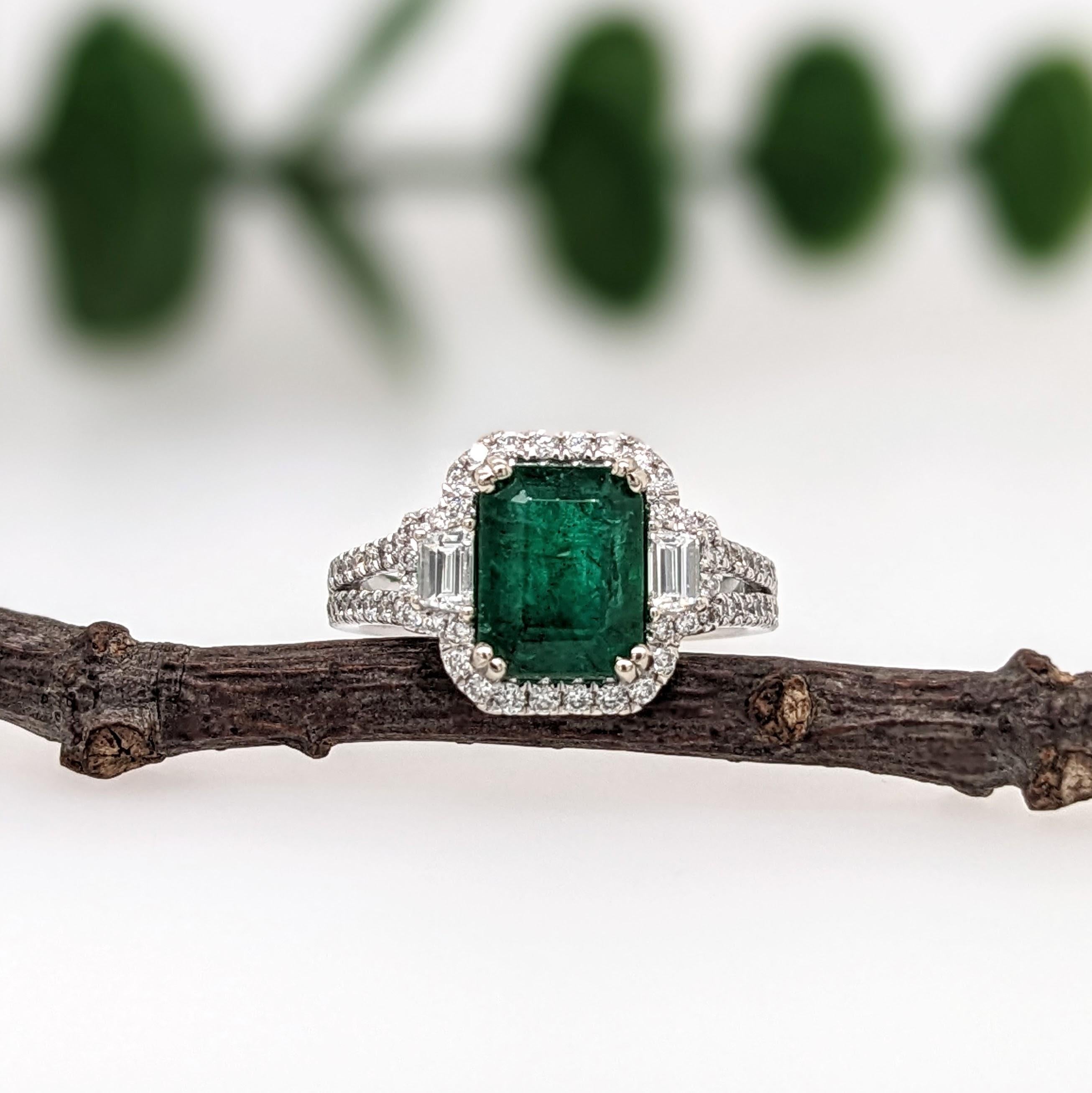 Emerald Cut 2ct Emerald Ring w Earth Mined Diamonds in Solid 14K White Gold EM 9x7mm For Sale