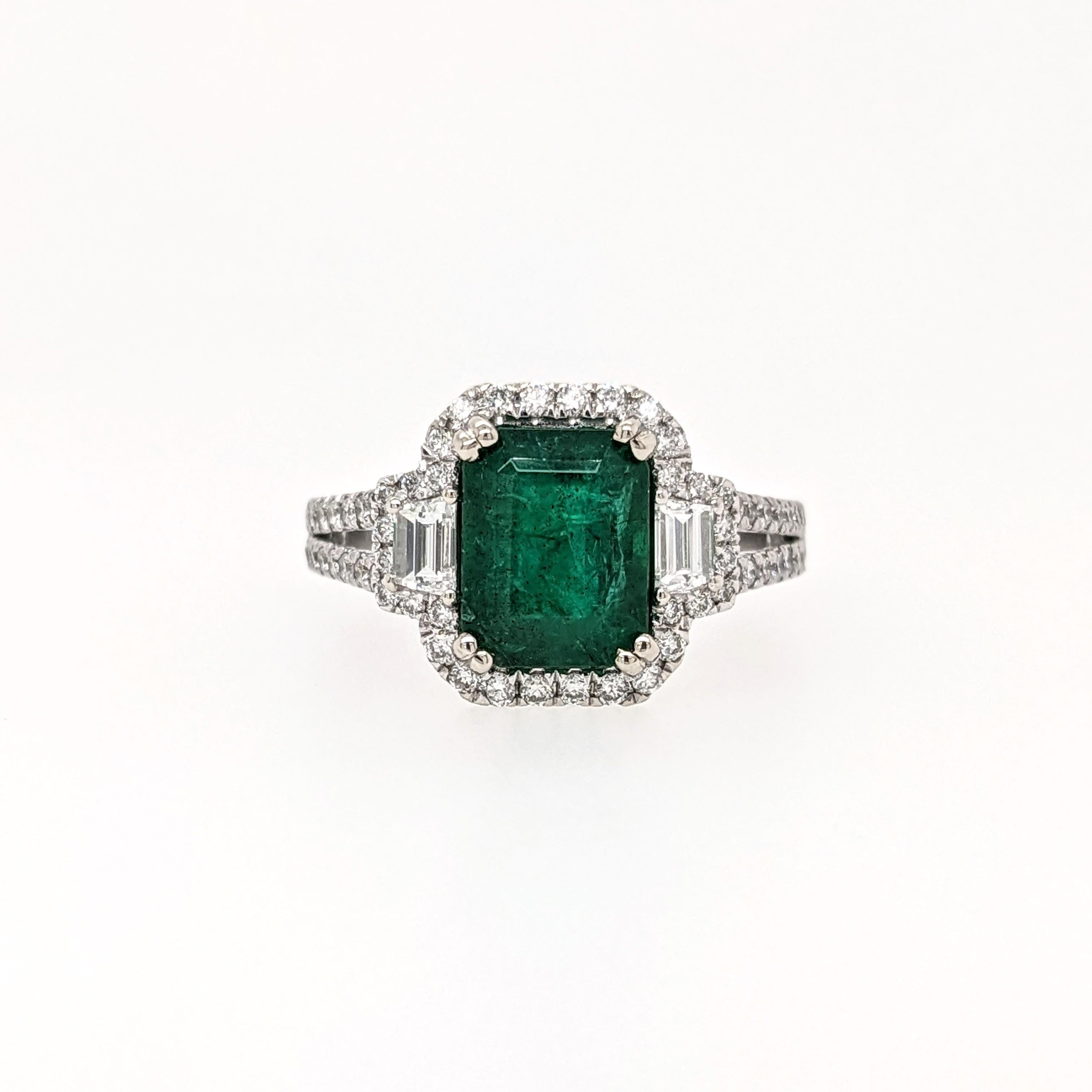 2ct Emerald Ring w Earth Mined Diamonds in Solid 14K White Gold EM 9x7mm For Sale