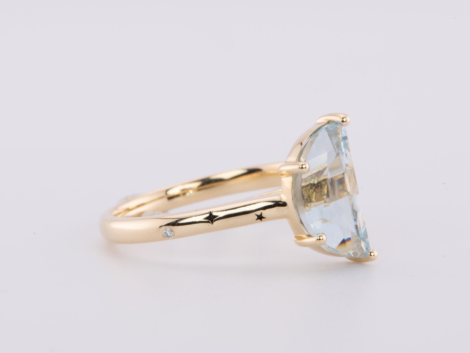 Uncut 2ct Half Moon Aquamarine 14K Gold Engagement Ring Celestial Inspired Band R6646 For Sale