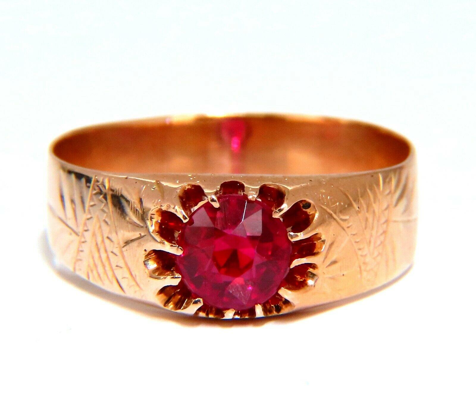 Solitaire Lab Ruby Vintage European Ring

2.00ct Lab ruby ring.

Prime Vivid Red color.

Even tone.

 Transparent.

5.9 X 6mm

  14kt. Yellow gold

Ring: 7.9mm wide

4.7 grams

Ring size: 10.25

May resize this ring.