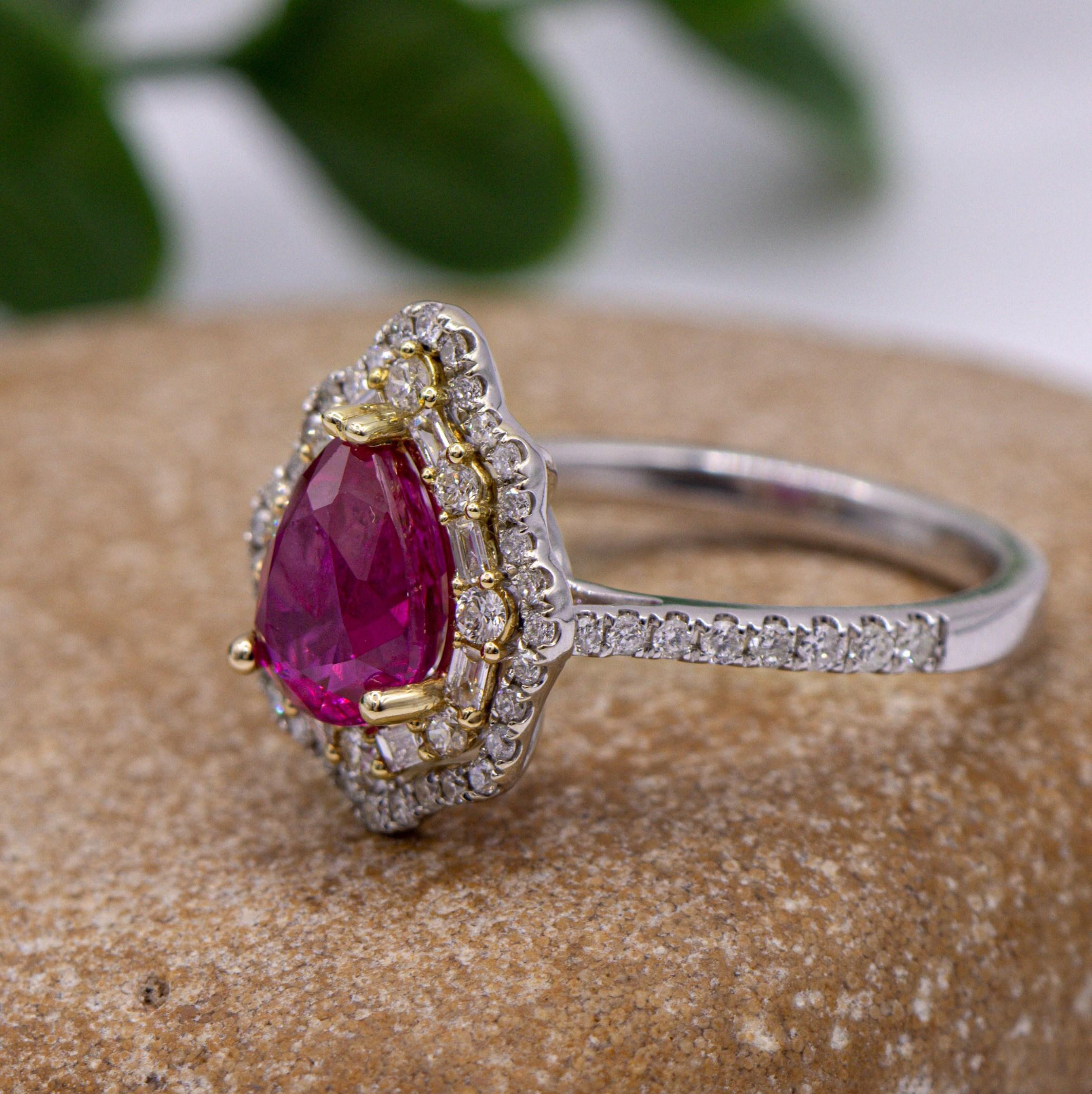 Modern 2ct Mozambique Ruby Ring w Natural Diamonds in Solid 14K Dual Tone Gold Pear Cut For Sale