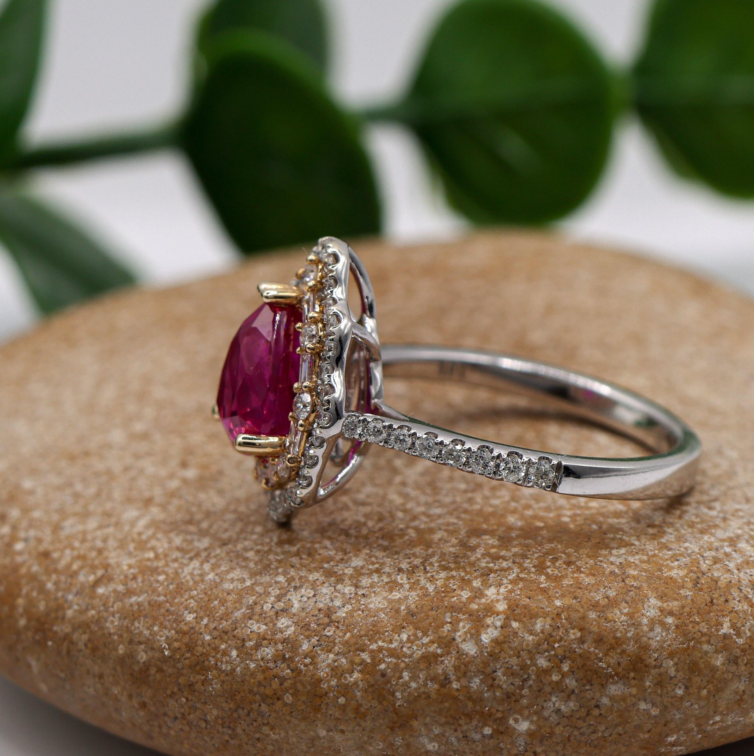 2ct Mozambique Ruby Ring w Natural Diamonds in Solid 14K Dual Tone Gold Pear Cut In New Condition For Sale In Columbus, OH