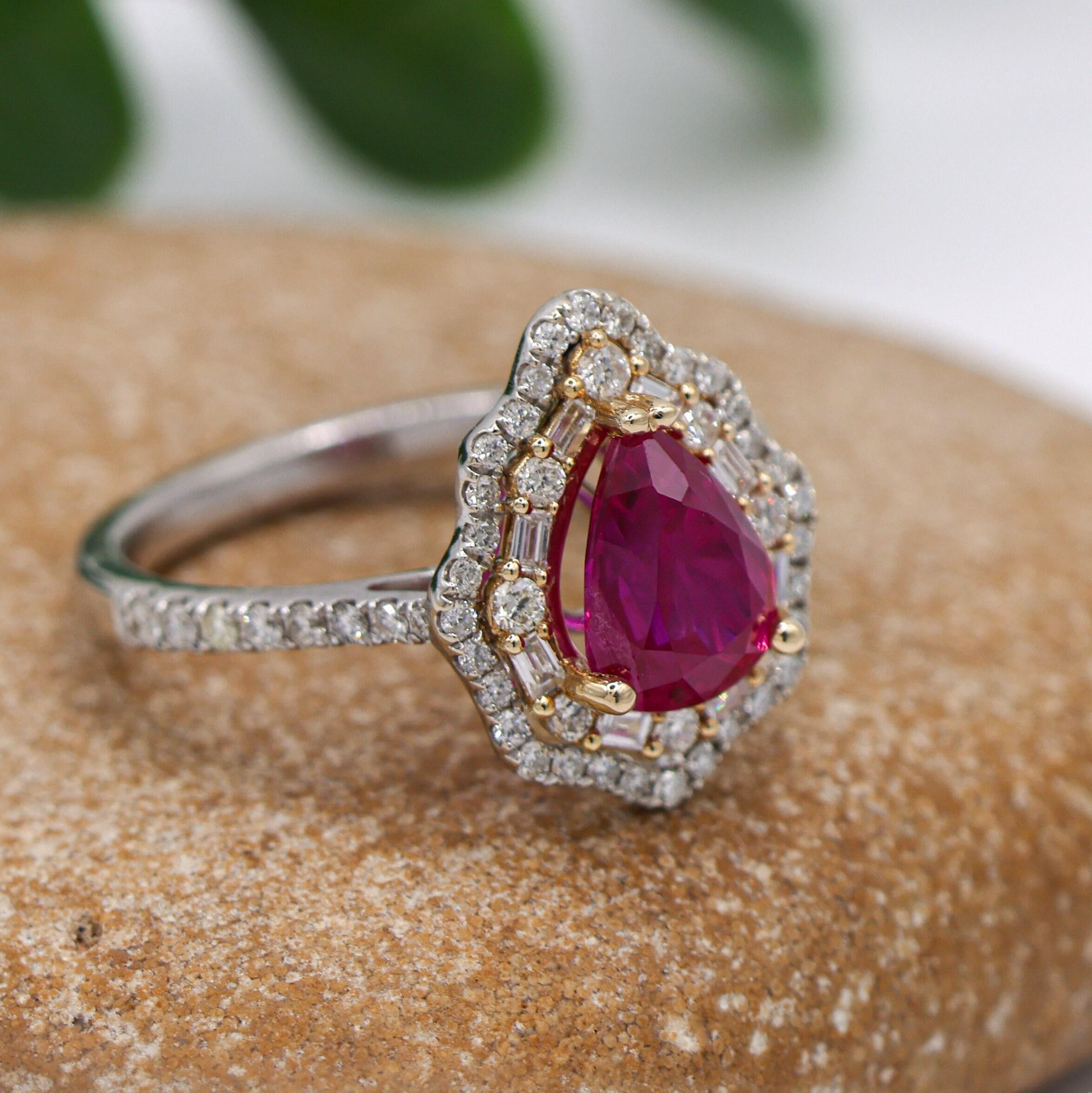 Women's 2ct Mozambique Ruby Ring w Natural Diamonds in Solid 14K Dual Tone Gold Pear Cut For Sale
