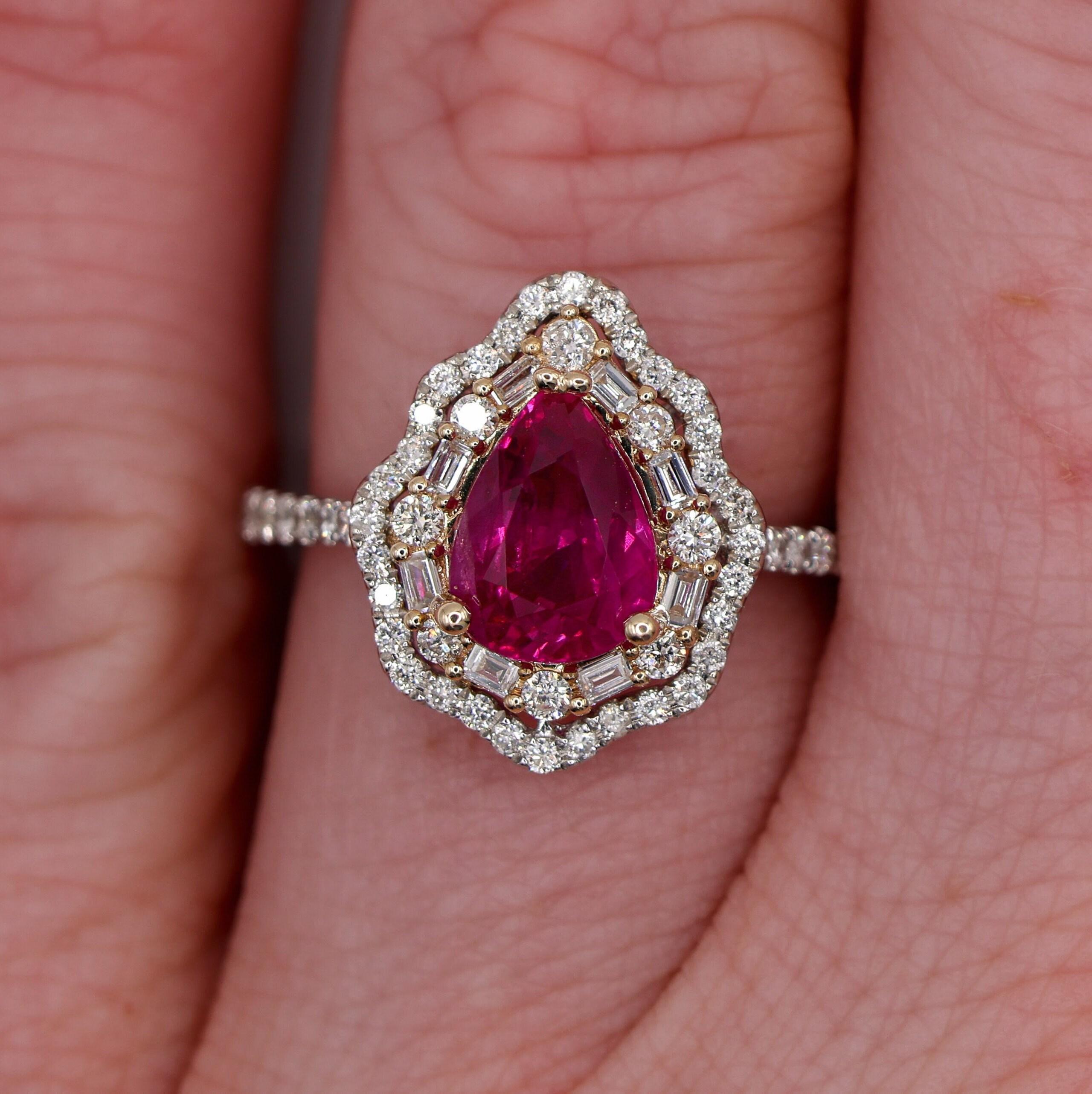 2ct Mozambique Ruby Ring w Natural Diamonds in Solid 14K Dual Tone Gold Pear Cut For Sale 2