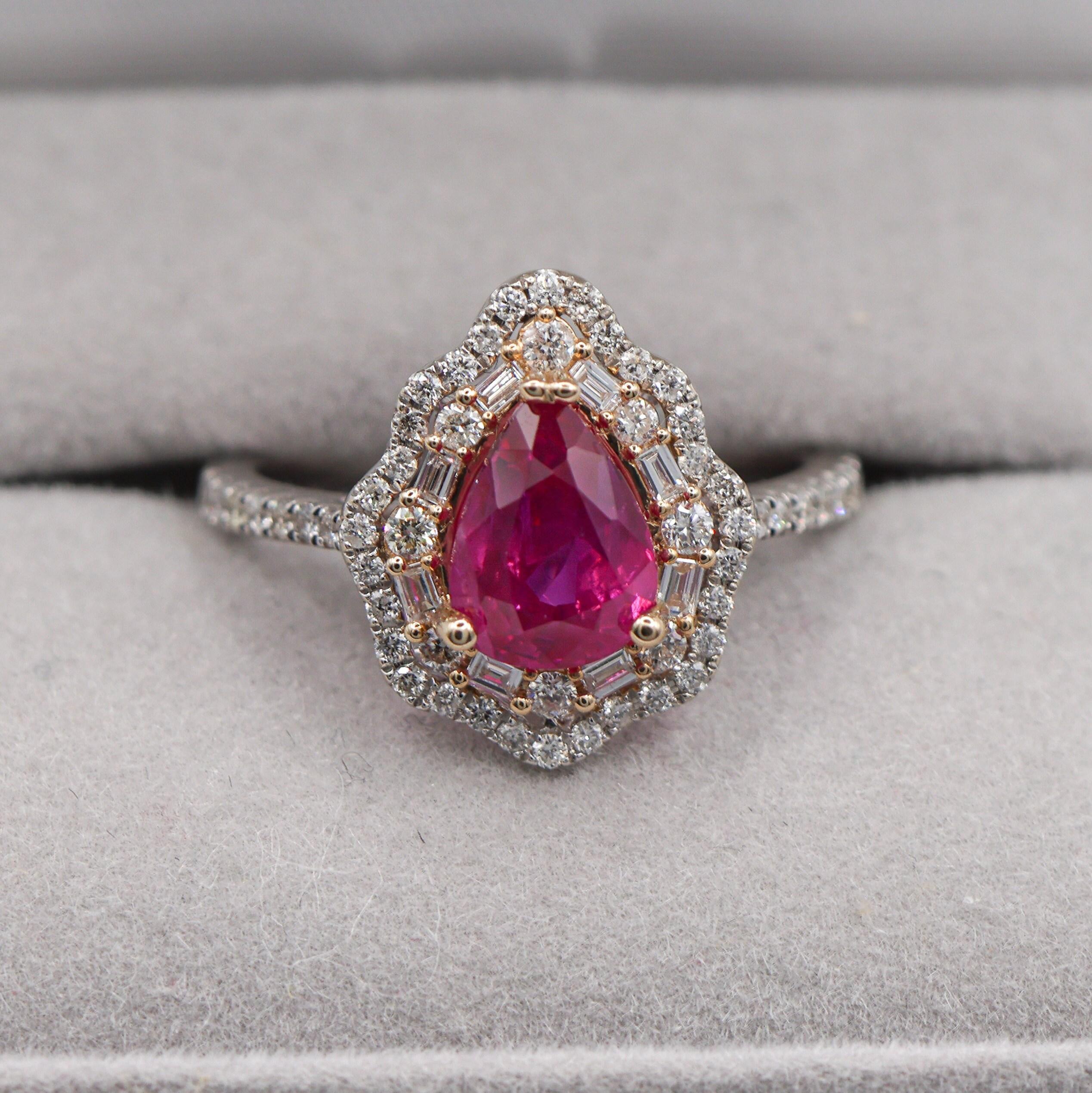 2ct Mozambique Ruby Ring w Natural Diamonds in Solid 14K Dual Tone Gold Pear Cut For Sale 3