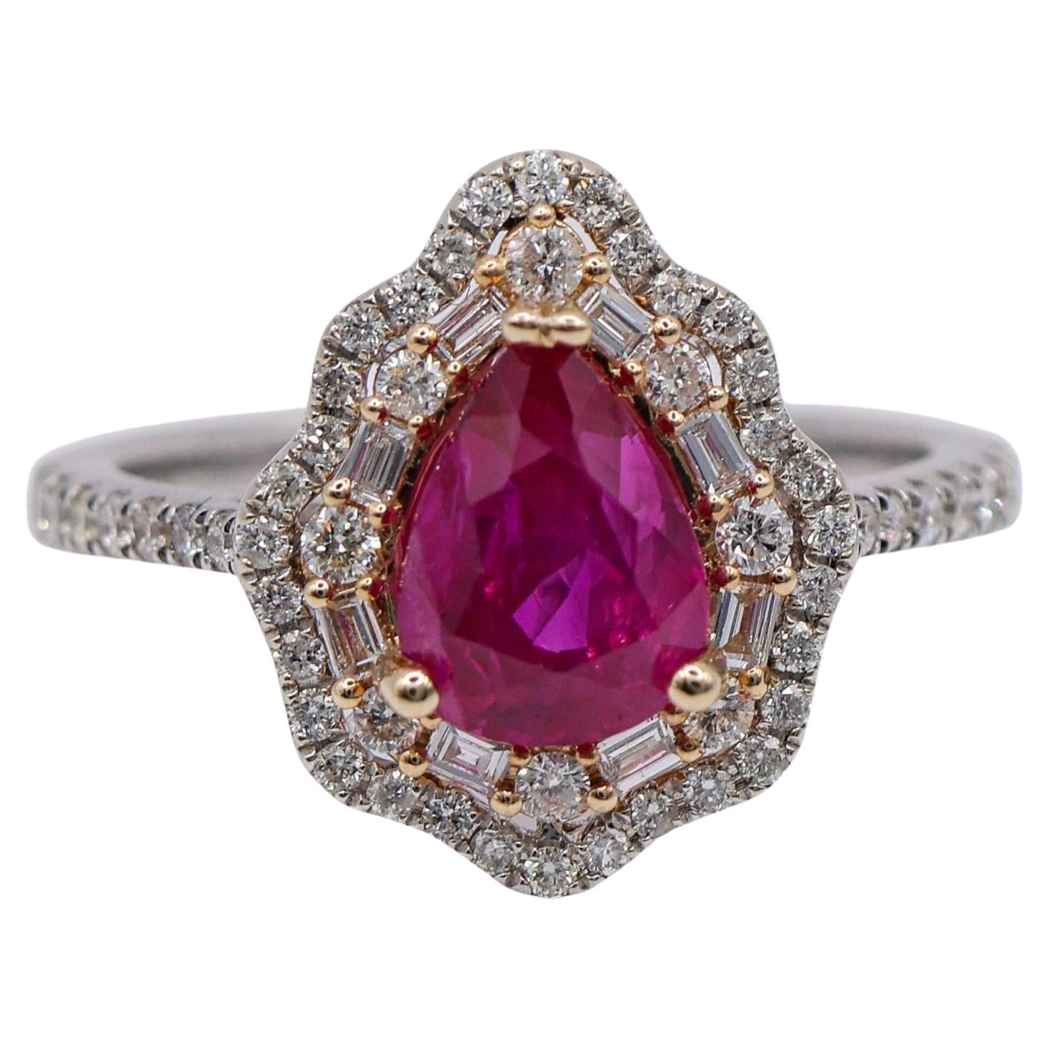 2ct Mozambique Ruby Ring w Natural Diamonds in Solid 14K Dual Tone Gold Pear Cut For Sale