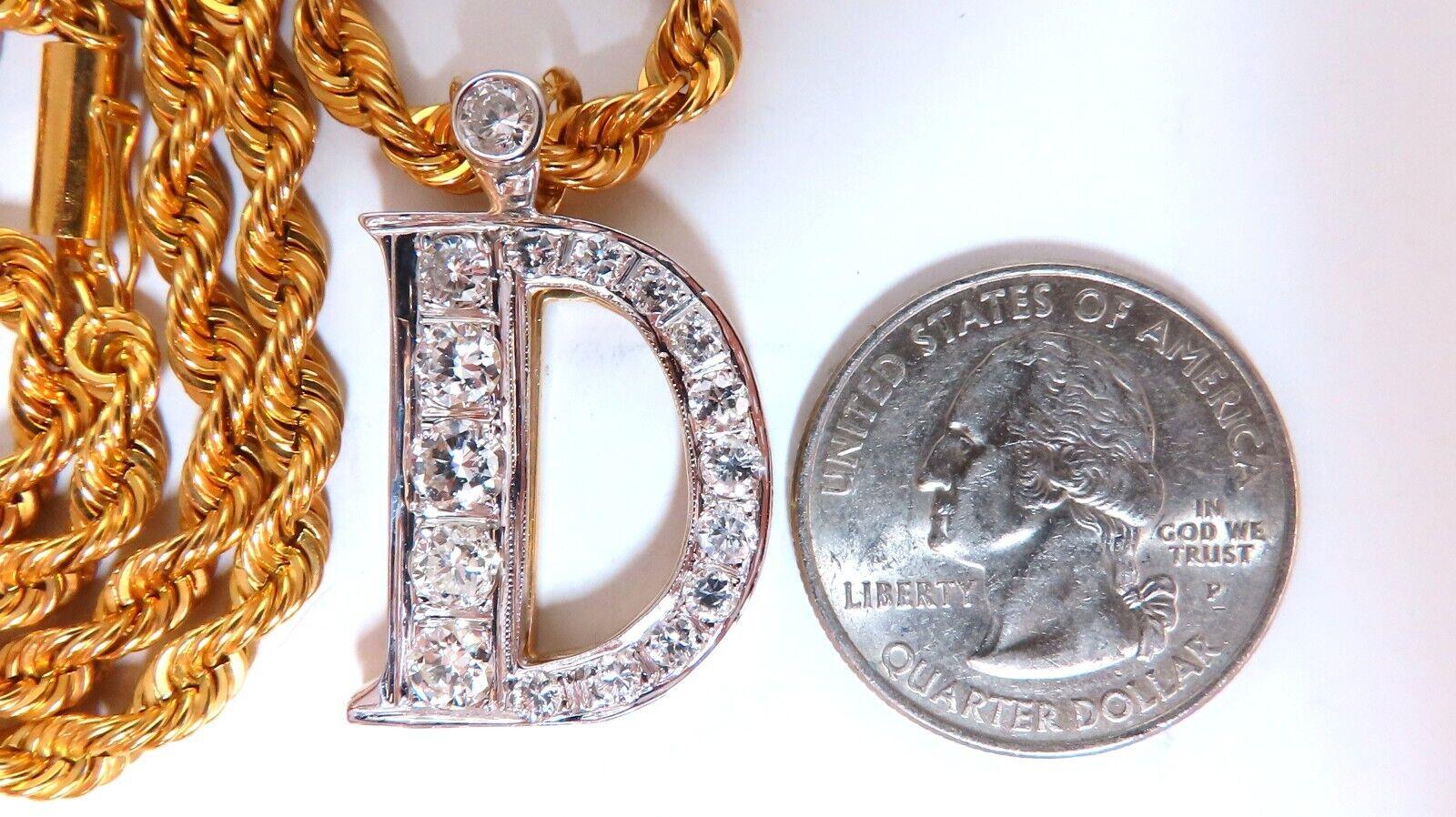 Taille ronde Collier initial « D » en forme de chaîne en corde de 14 carats avec diamants naturels 2 carats en vente