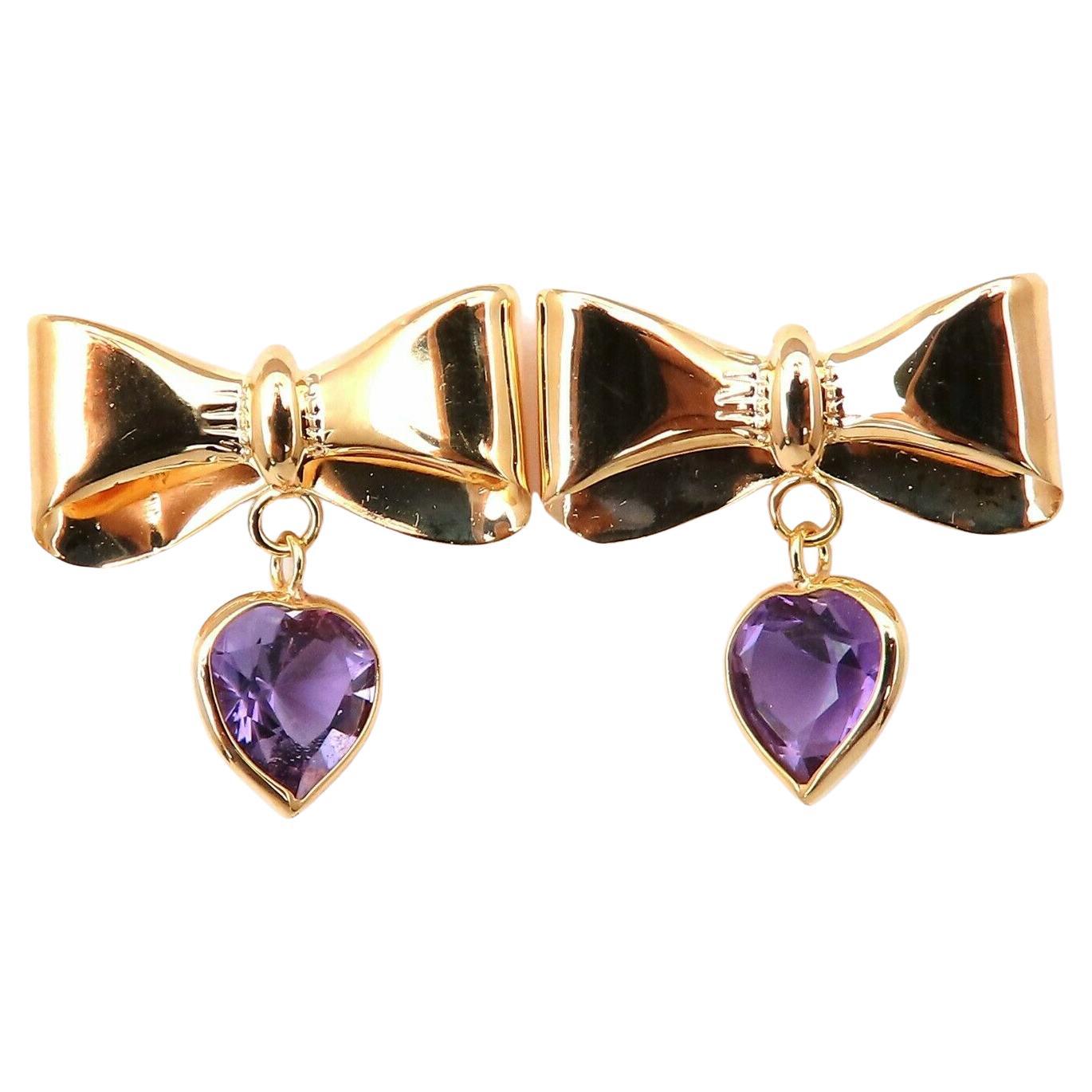2ct Natural Heart Purple Amethyst Dangle Ribbon Earrings 14kt For Sale
