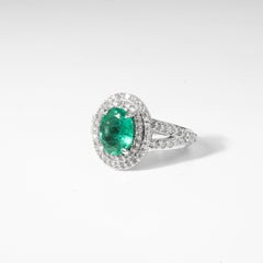 2ct Natural Oval Emerald & Diamond Double Halo Engagement Ring – 18K White Gold