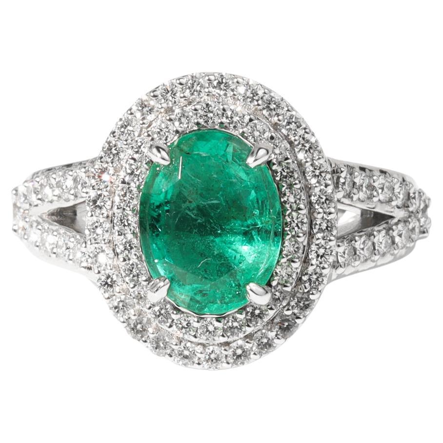 Anello di fidanzamento a doppio cerchio con smeraldo ovale naturale e diamante da 2 carati - Oro bianco 18 carati
