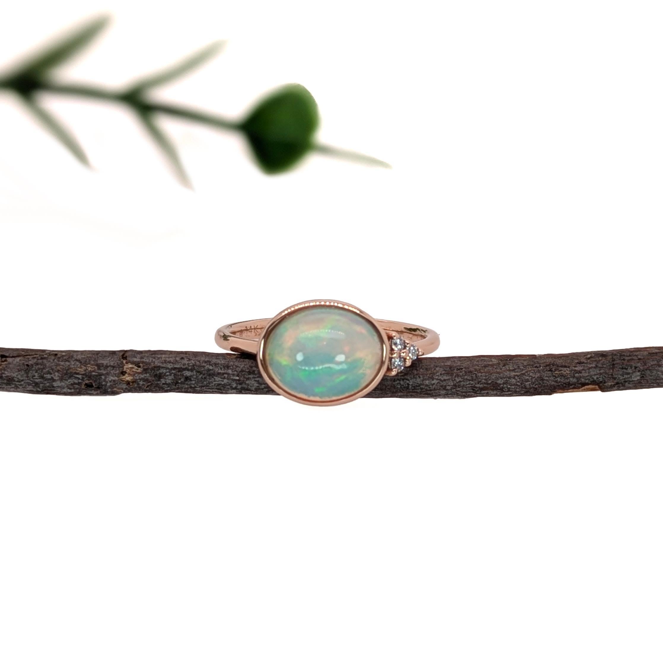 Art Nouveau 2ct Opal Ring w Natural Diamond Accents in Solid 14K Yellow Gold  OV 10x8mm