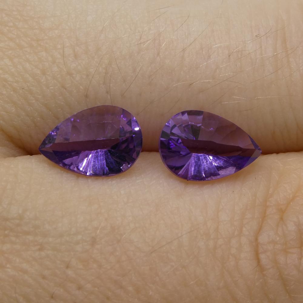 Description:

Gem Type: Amethyst
Number of Stones: 2
Weight: 2 cts
Measurements: 9.00 x 6.00 x 3.80 mm
Shape: Pear
Cutting Style Crown: Modified Brilliant
Cutting Style Pavilion: Mixed Cut
Transparency: Transparent
Clarity: Very Slightly Included: