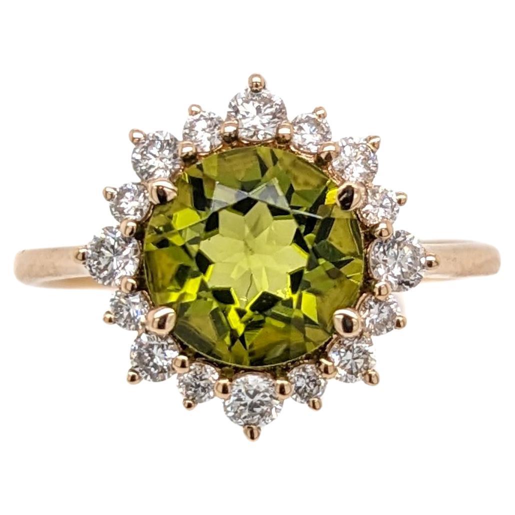 2ct Peridot Ring w Natural Diamond Halo in Solid 14K Yellow Gold  Round 8mm