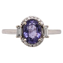 Anello con zaffiro viola da 2 carati e diamante estratto dalla terra in oro bianco massiccio 14K OV