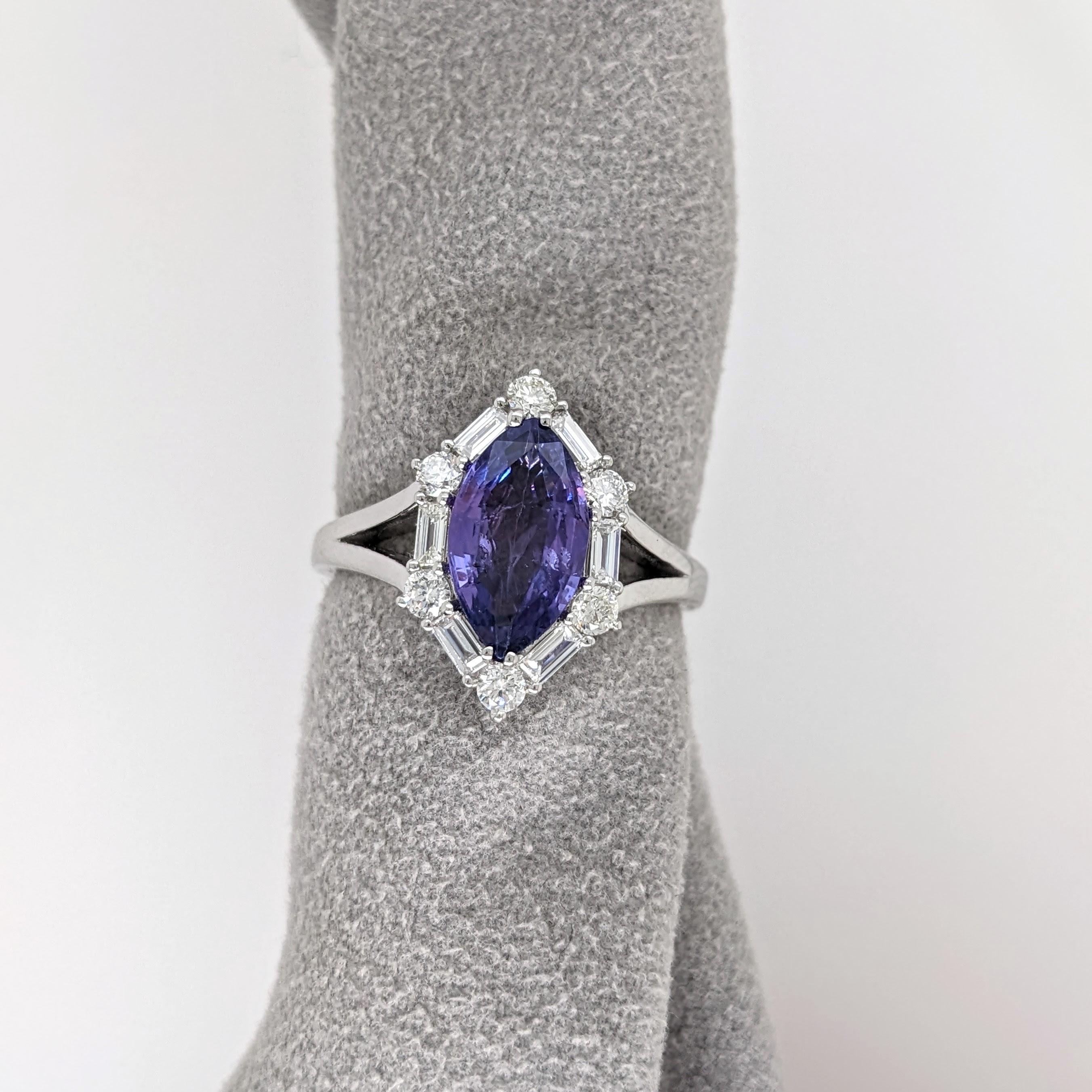 This unique ring features a 2 carat marquise shape purple sapphire gemstone with natural earth mined diamonds, all set in solid 14K gold. This ring can be a beautiful September birthstone gift for your loved ones! 

Specifications

Item Type: