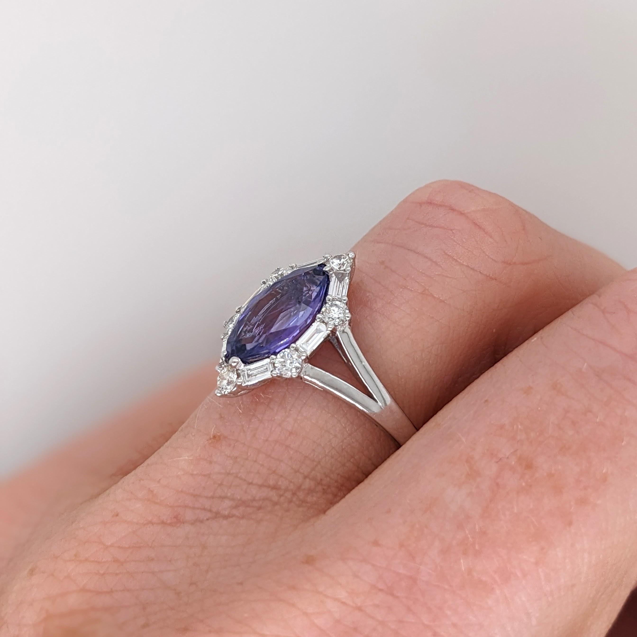 Women's 2ct Purple Sapphire Ring w Earth Mined Diamonds in Solid 14K Gold MQ 11x6.5mm For Sale