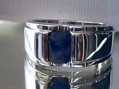 2ct Rectangular Natural Blue Sapphire Dome Platinum Sterling Silver Ring