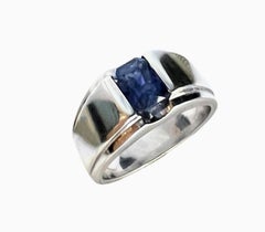 2ct Rectangular Natural Blue Sapphire Dome Platinum Sterling Silver Ring
