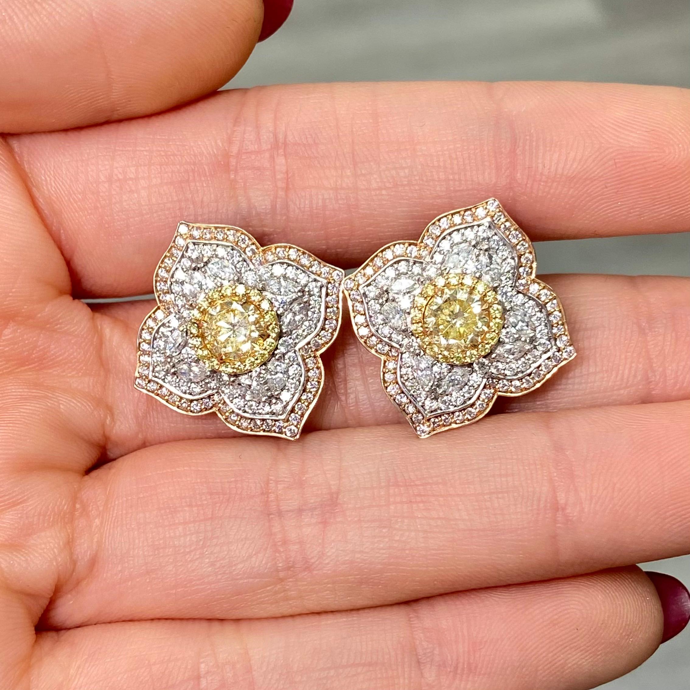 Round Cut 2ct Round Yellow Diamond Flower Stud Earrings For Sale