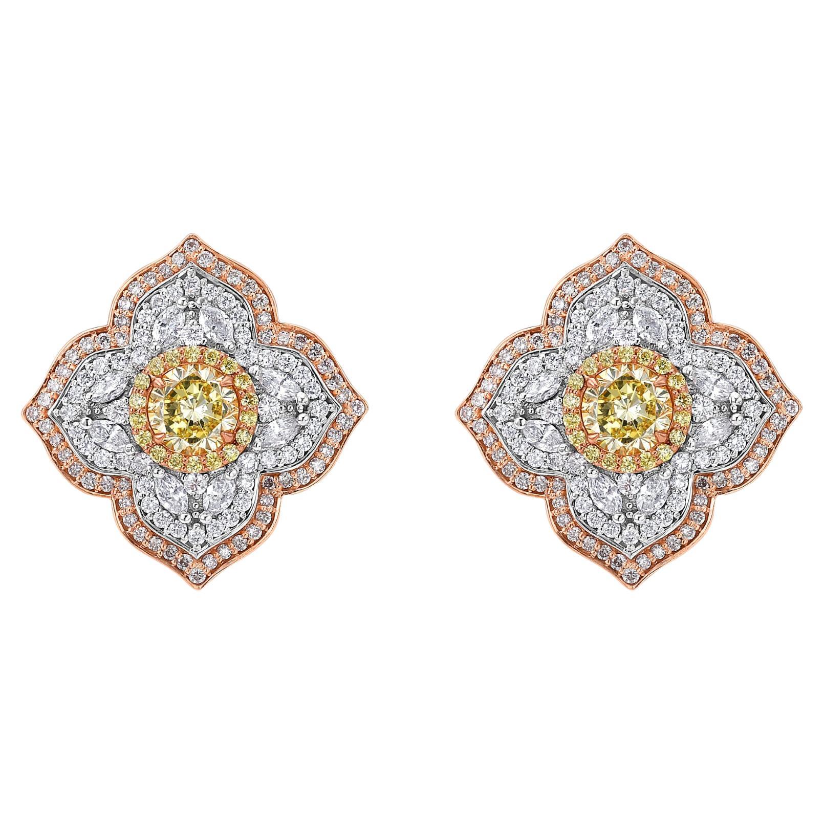 2ct Round Yellow Diamond Flower Stud Earrings For Sale