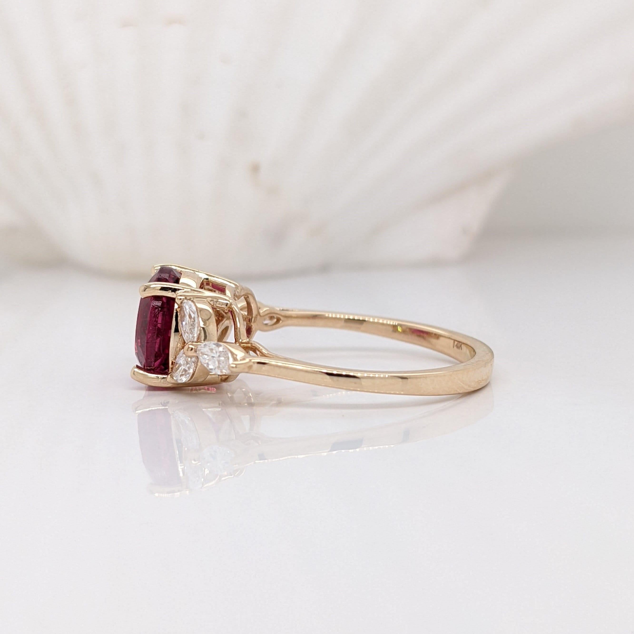 Modern 2ct Rubellite Tourmaline Ring w Earth Mined Diamonds in Solid 14k Gold Round 8mm For Sale