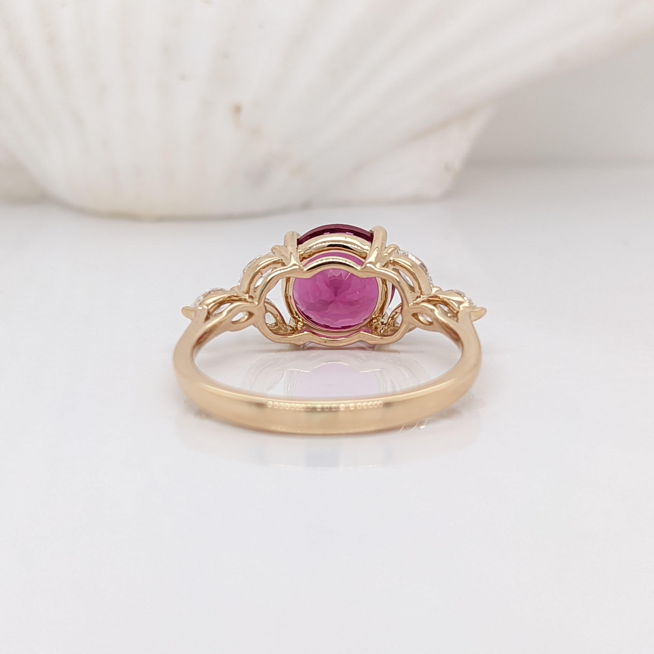 Round Cut 2ct Rubellite Tourmaline Ring w Earth Mined Diamonds in Solid 14k Gold Round 8mm For Sale