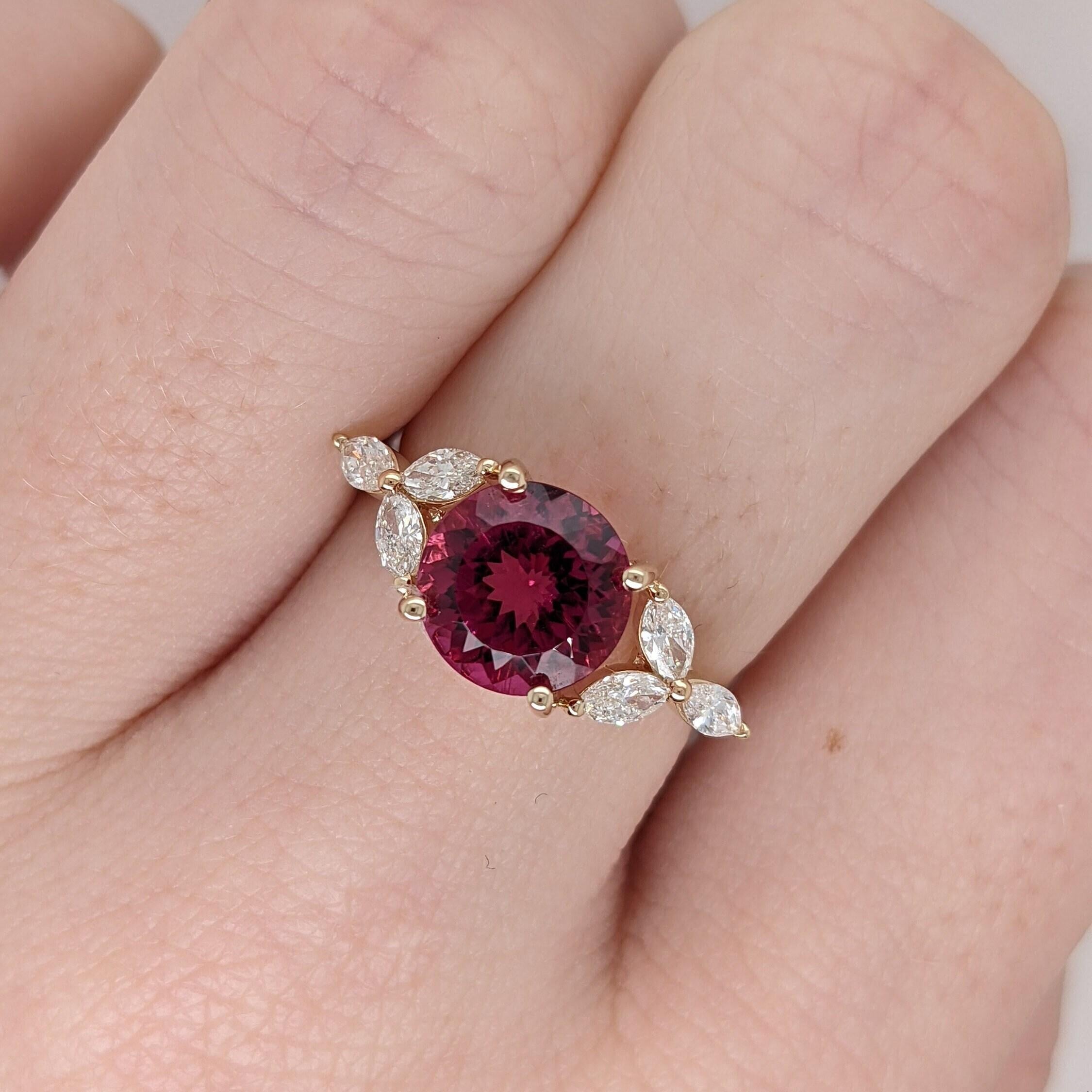 2ct Rubellite Tourmaline Ring w Earth Mined Diamonds in Solid 14k Gold Round 8mm In New Condition For Sale In Columbus, OH