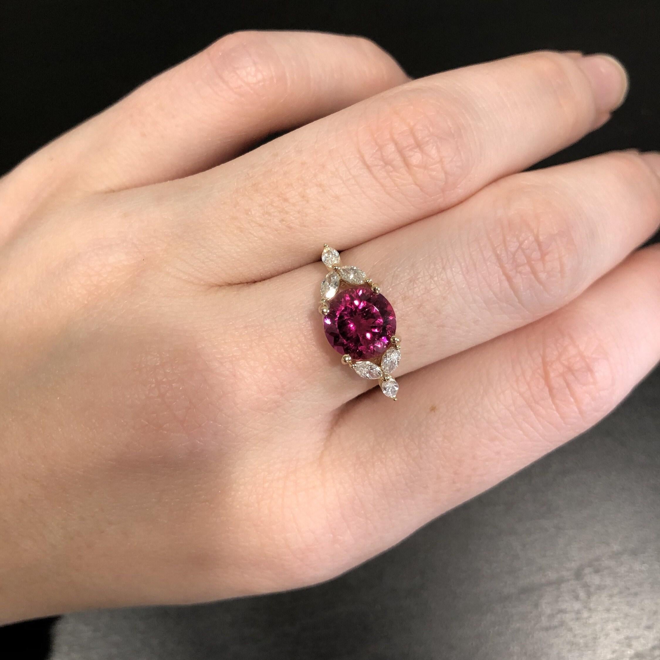 Women's 2ct Rubellite Tourmaline Ring w Earth Mined Diamonds in Solid 14k Gold Round 8mm For Sale