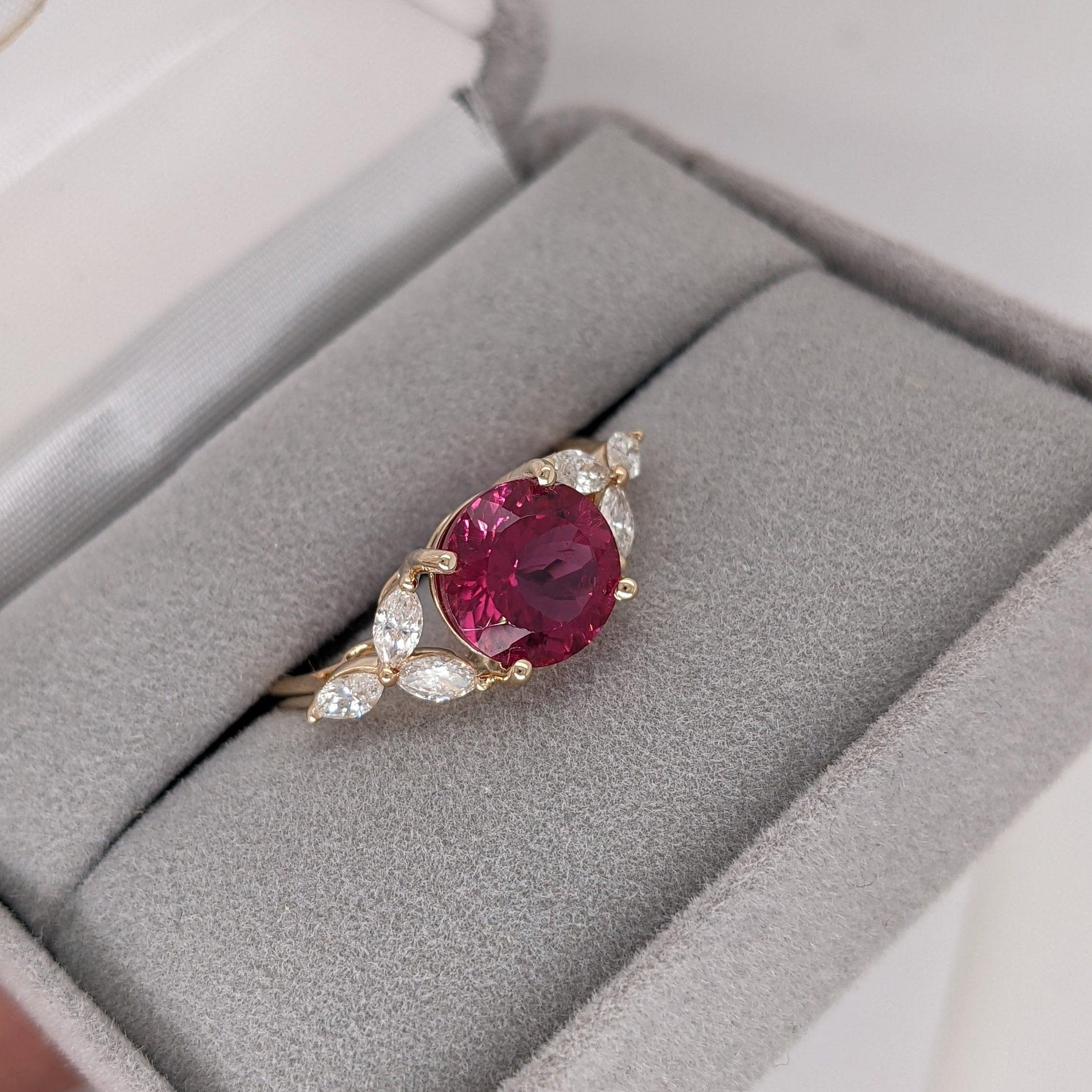 2ct Rubellite Tourmaline Ring w Earth Mined Diamonds in Solid 14k Gold Round 8mm For Sale 2