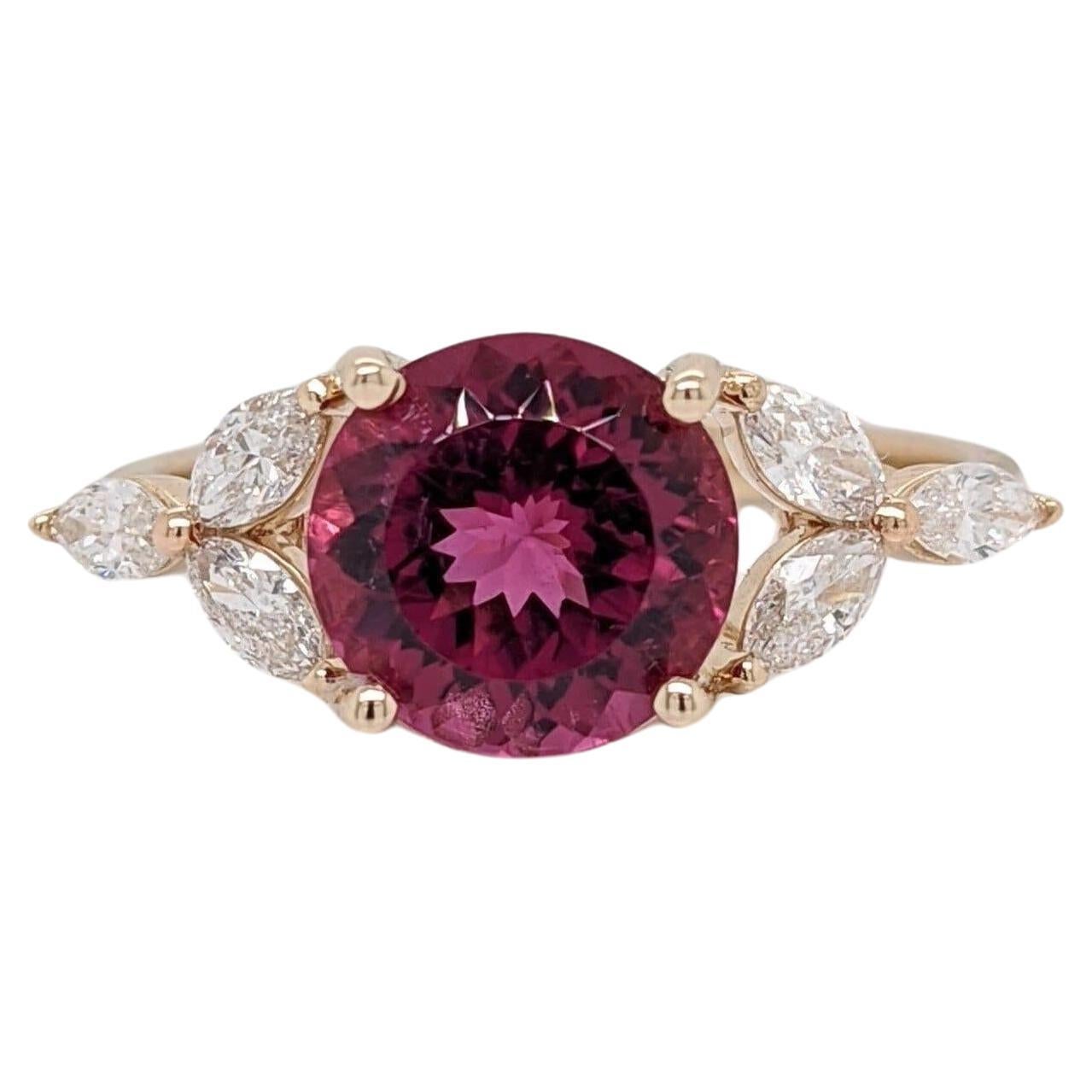 2ct Rubellite Tourmaline Ring w Earth Mined Diamonds in Solid 14k Gold Round 8mm For Sale